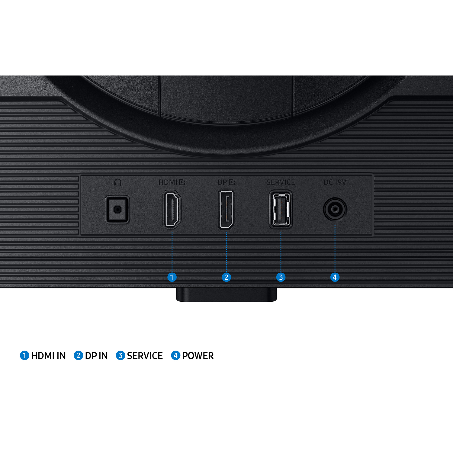 Close-up of a black monitor with ports: HDMI, DP, Service, and Power.