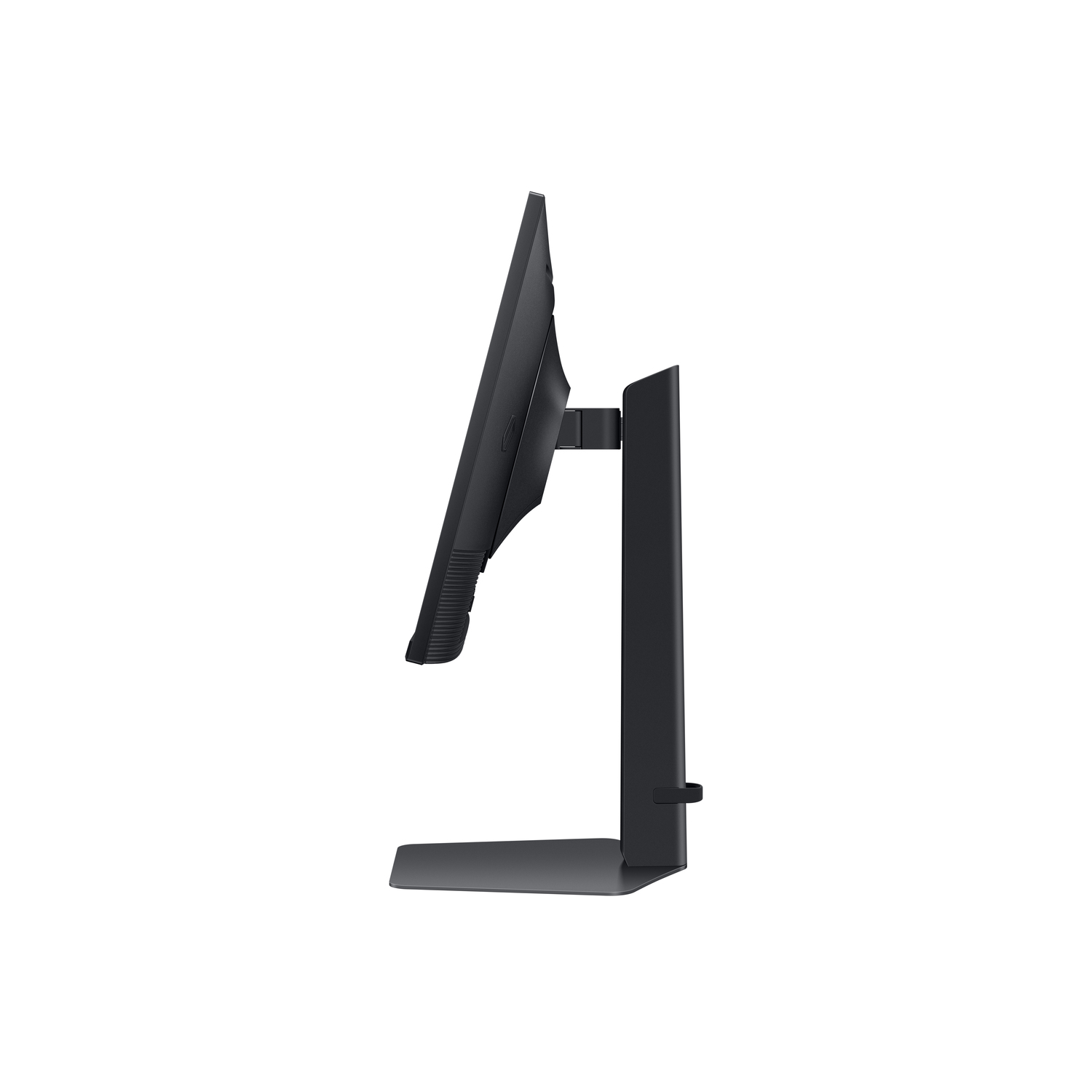 Side view of a black computer monitor with a thin bezel and a stand, against a white background.