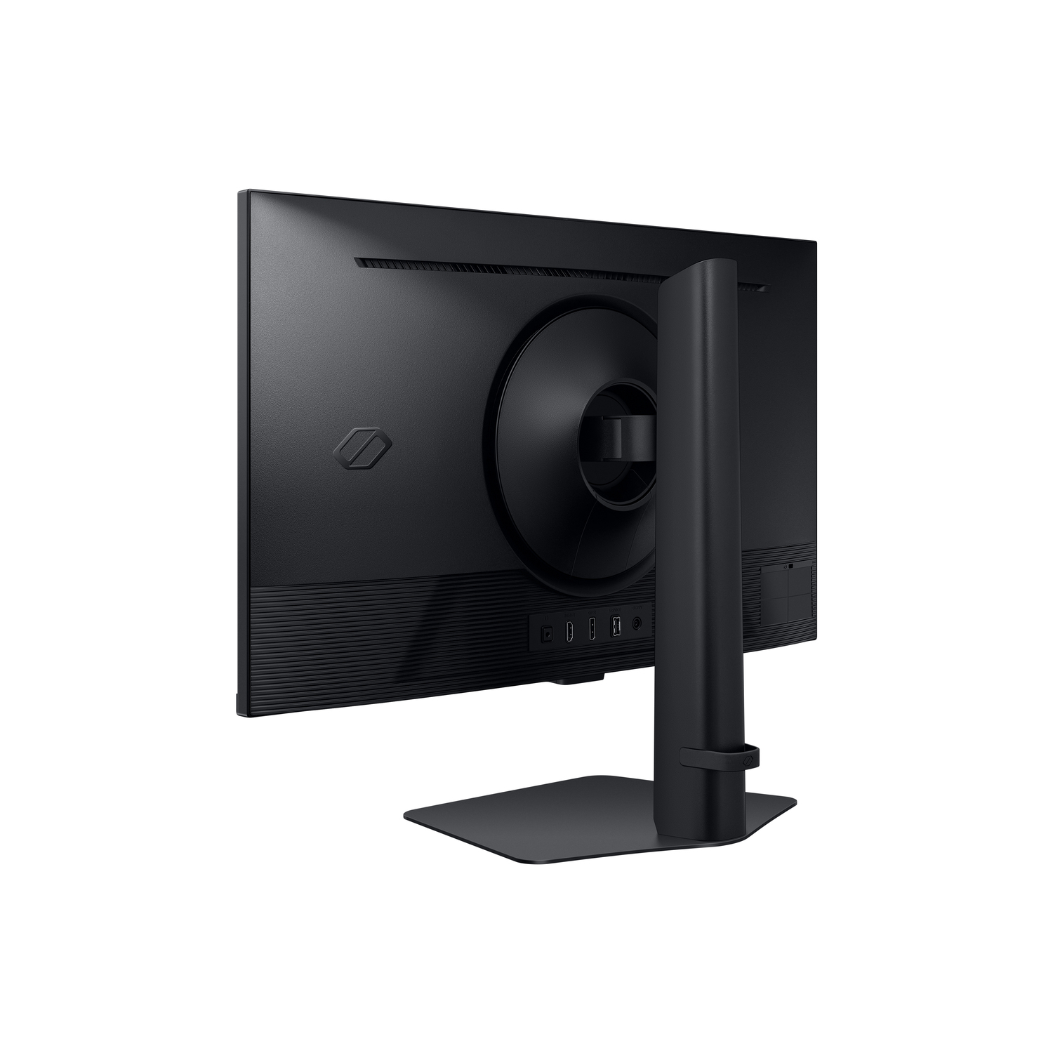 Rear view of a black monitor with a stand and ports.