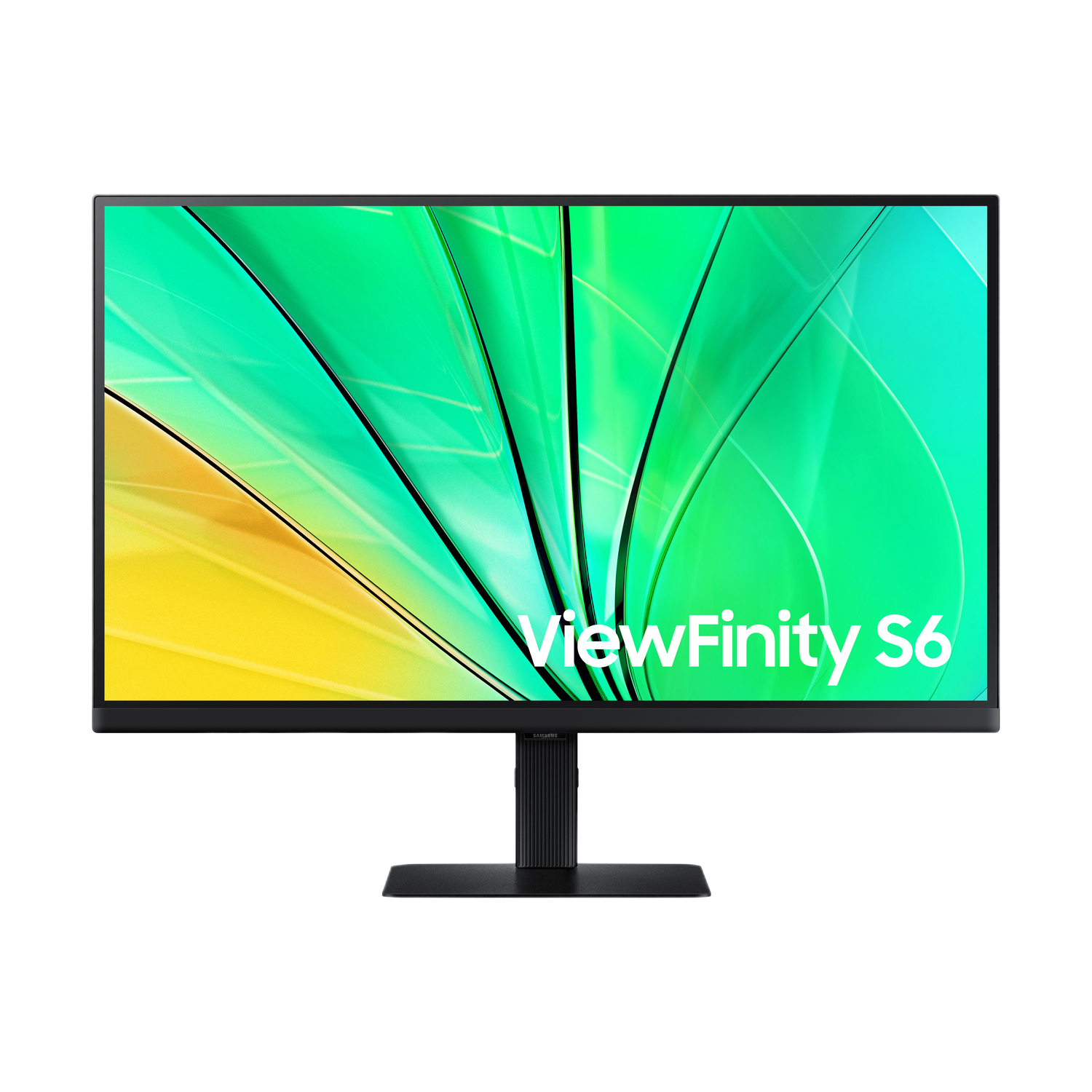 Zwarte computermonitor met groene en gele abstracte achtergrond, tekst "ViewFinity S6".