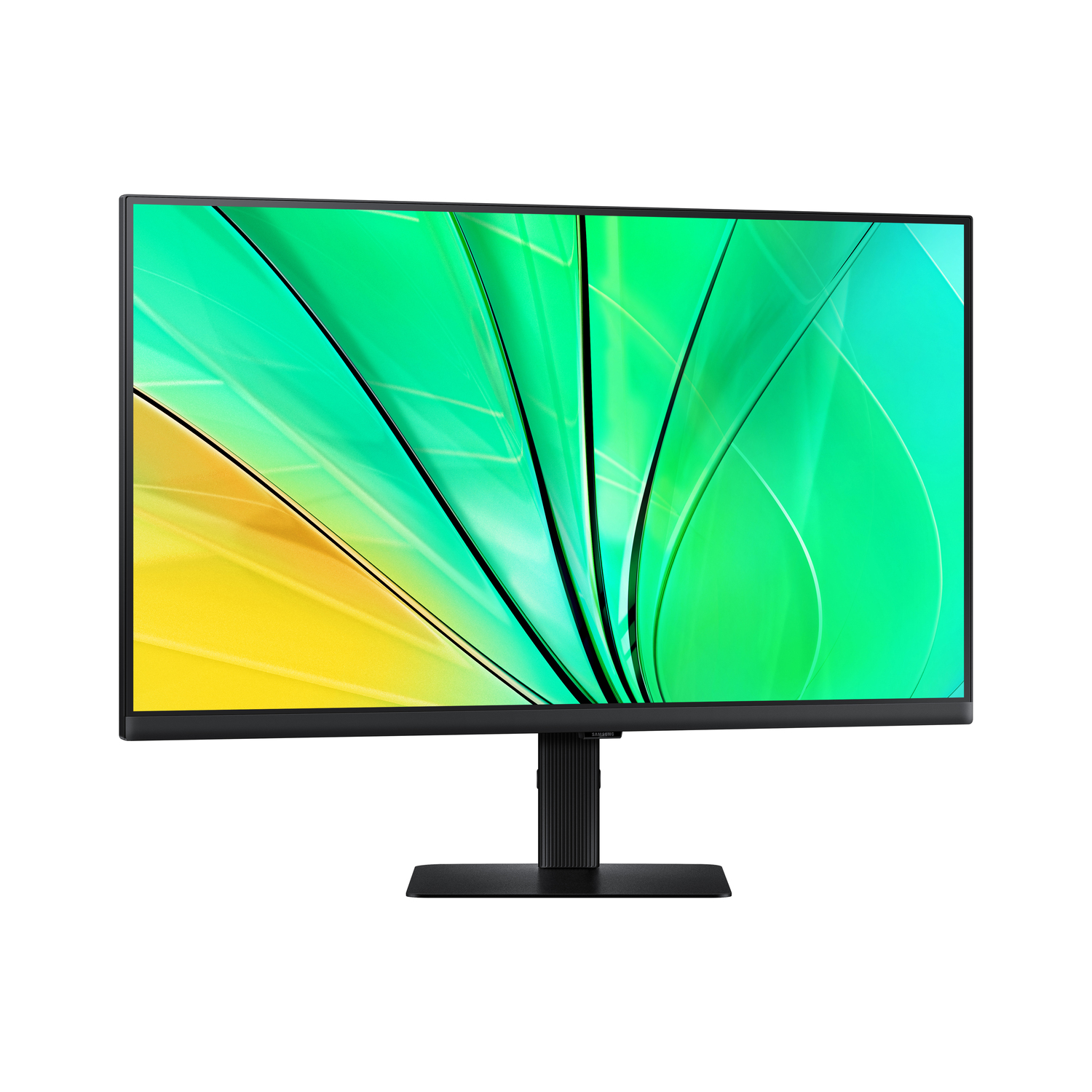 Moderne monitor met een zwart frame, groene en gele achtergrond.