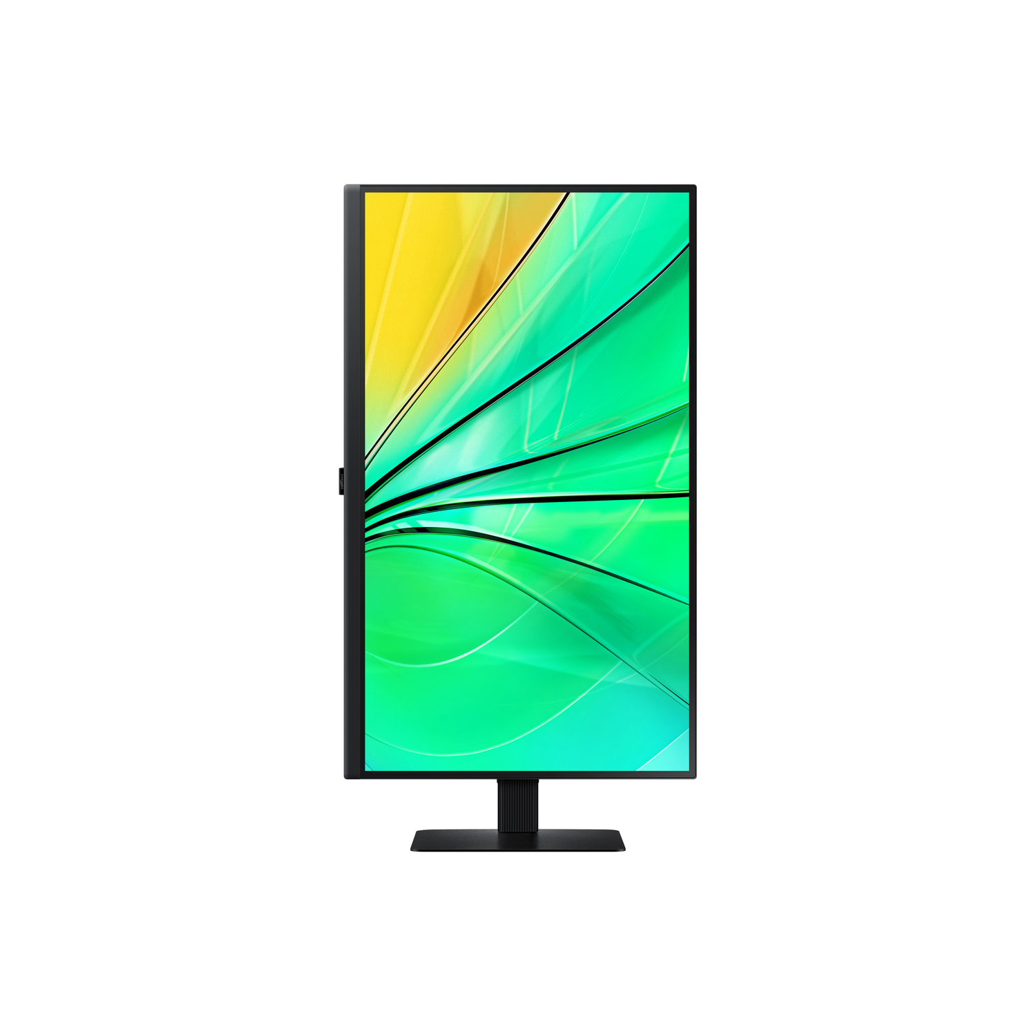 Een zwarte monitor met een groen en geel abstract ontwerp.