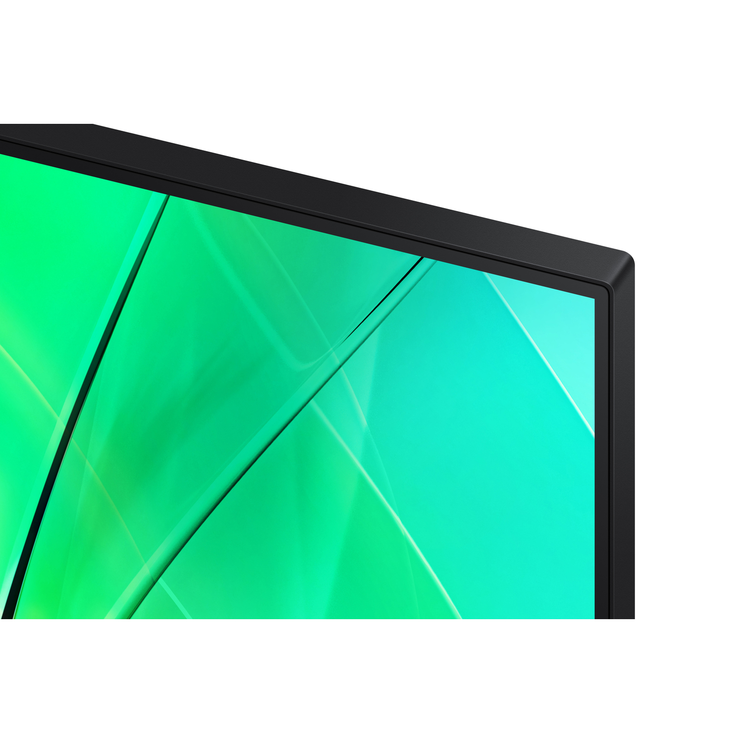 Hoek van een zwarte monitor met groen en blauw ontwerp.
