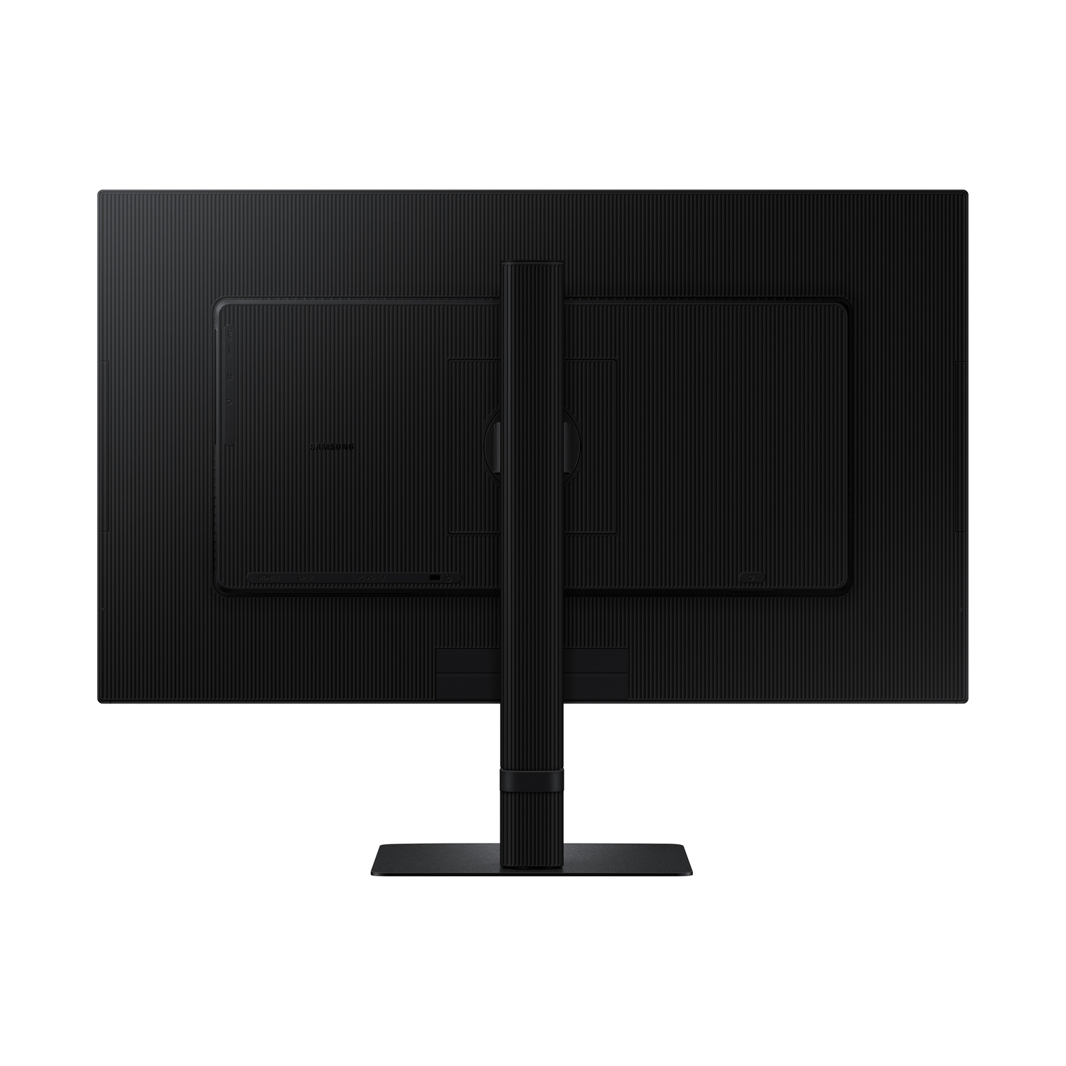 Achteraanzicht van een zwarte Samsung monitor met standaard. Verticale lijnen op het oppervlak.