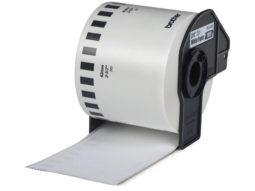 A roll of white label paper in a black dispenser, Brother brand name visible.