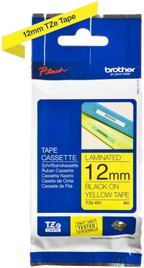 Cassette de ruban Brother TZe. Texte noir sur ruban jaune, largeur 12 mm.