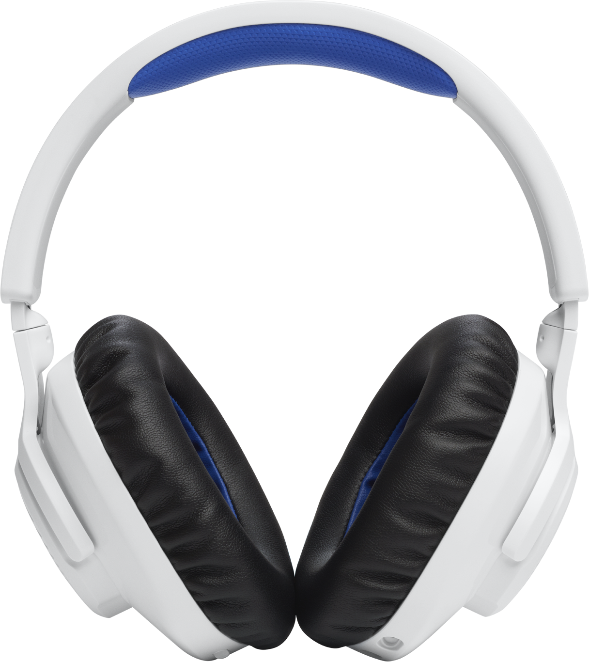 Cuffie bianche con padiglioni neri e fascia blu, isolate su sfondo nero.