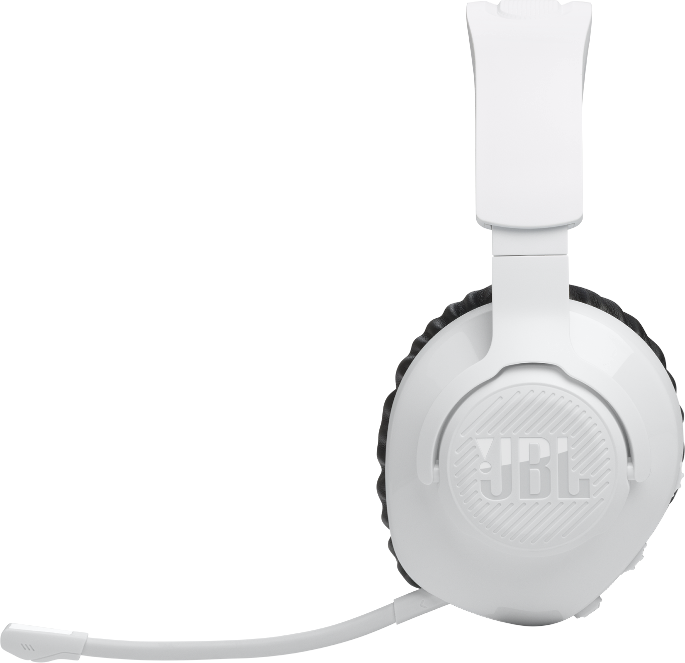 Cuffie JBL bianche con microfono collegato, su sfondo nero.
