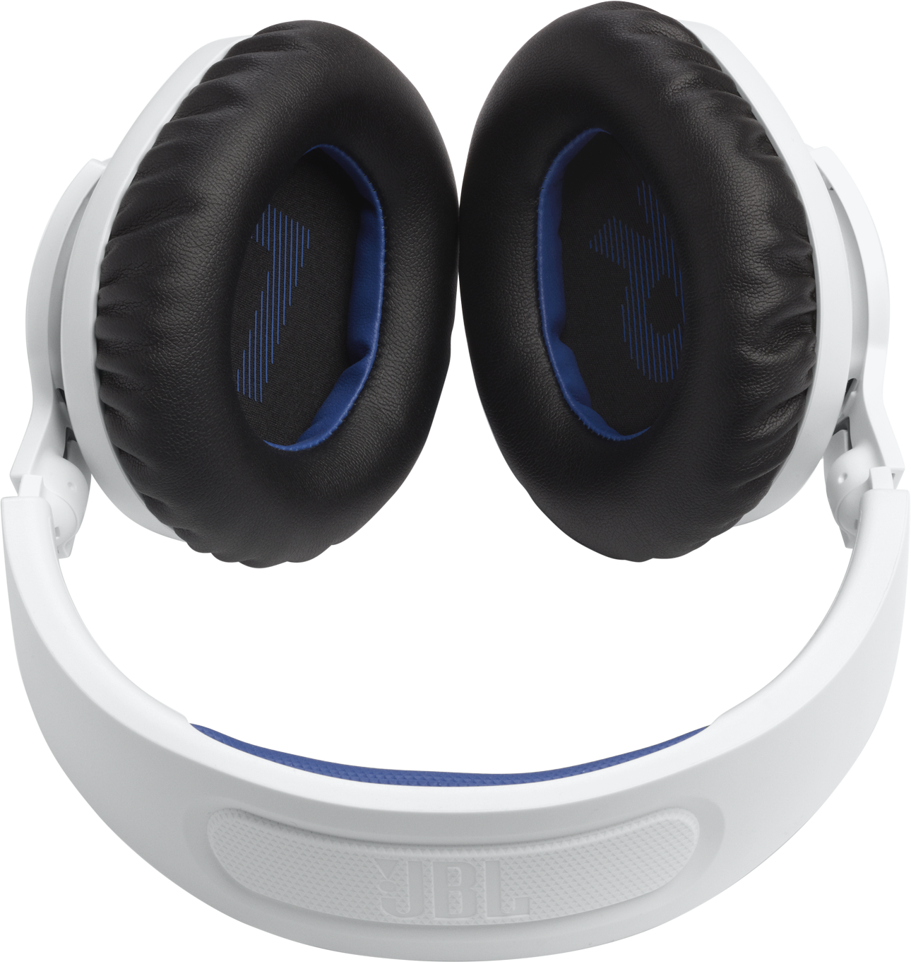 Cuffie bianche con padiglioni neri e dettagli blu. Il logo JBL è sull'archetto bianco.