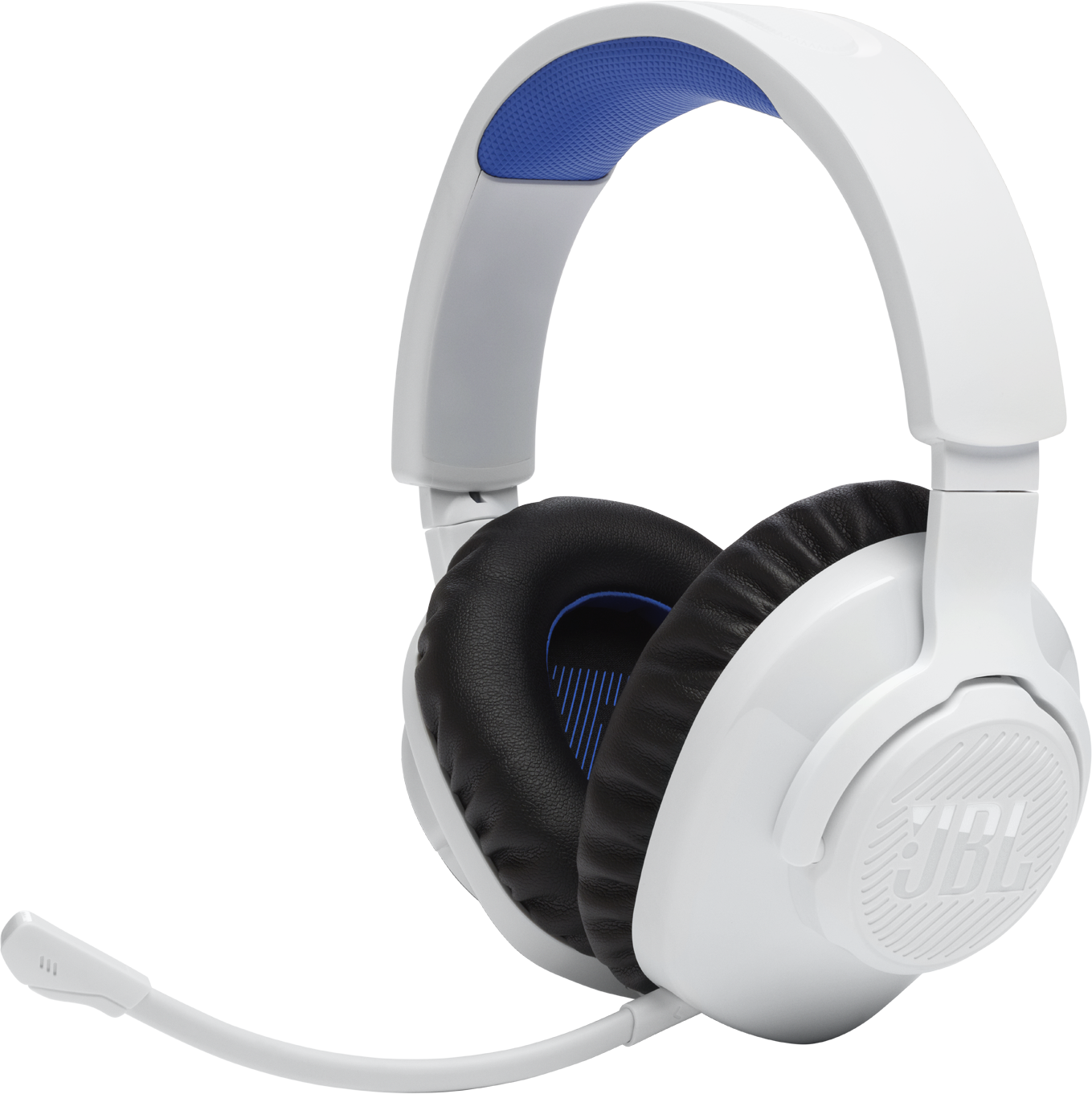Cuffie bianche con archetto blu. I padiglioni hanno imbottitura nera e un microfono.
