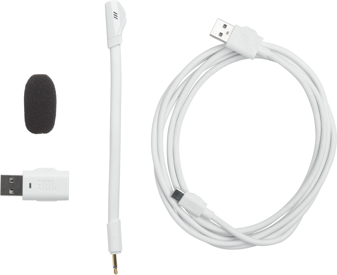 Accessori per cuffie JBL, tra cui microfono, adattatore USB e cavo USB-C. Bianco.