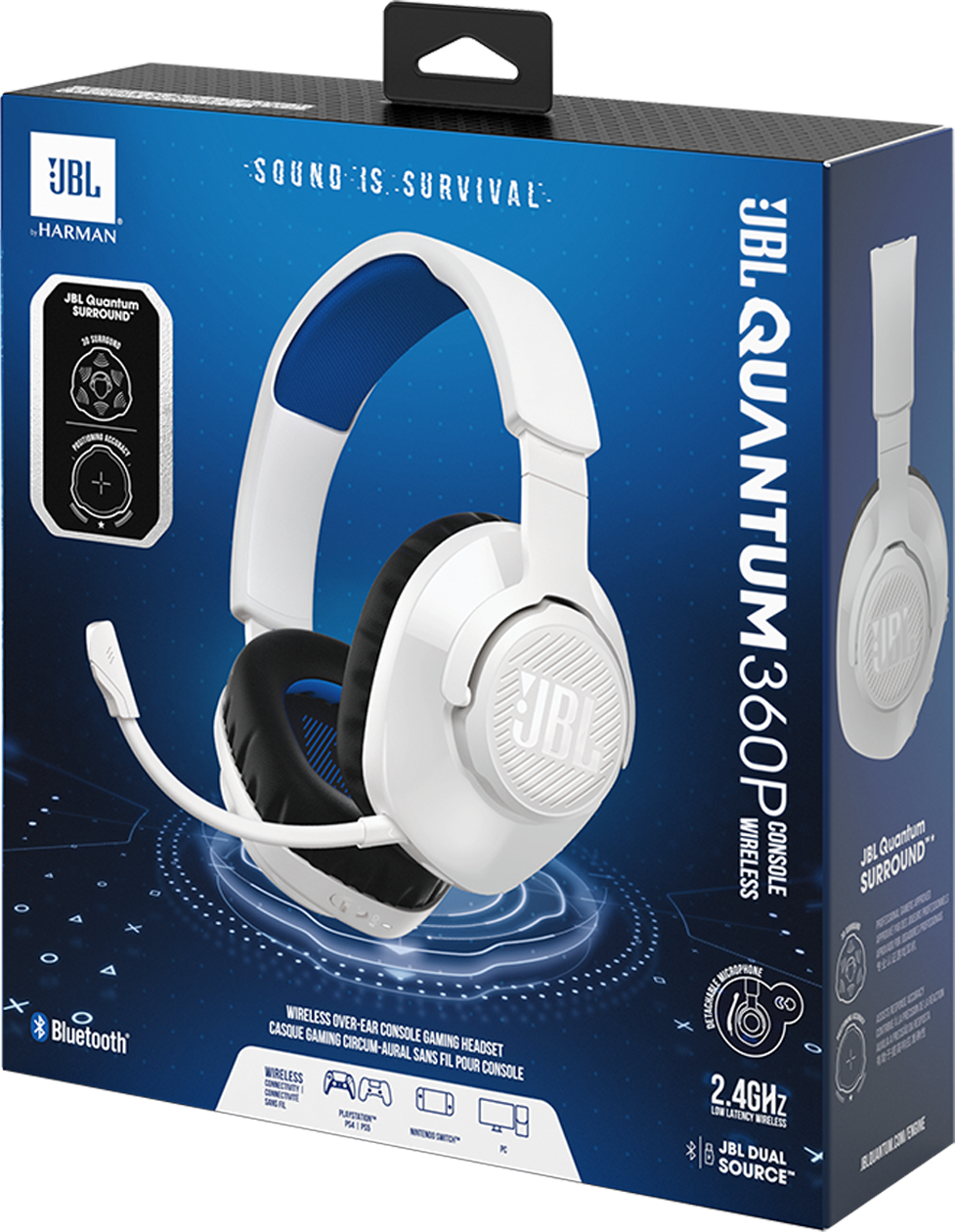 Scatola per cuffie da gioco JBL. Cuffie bianche con dettagli blu. Icone Bluetooth e console di gioco sulla scatola.