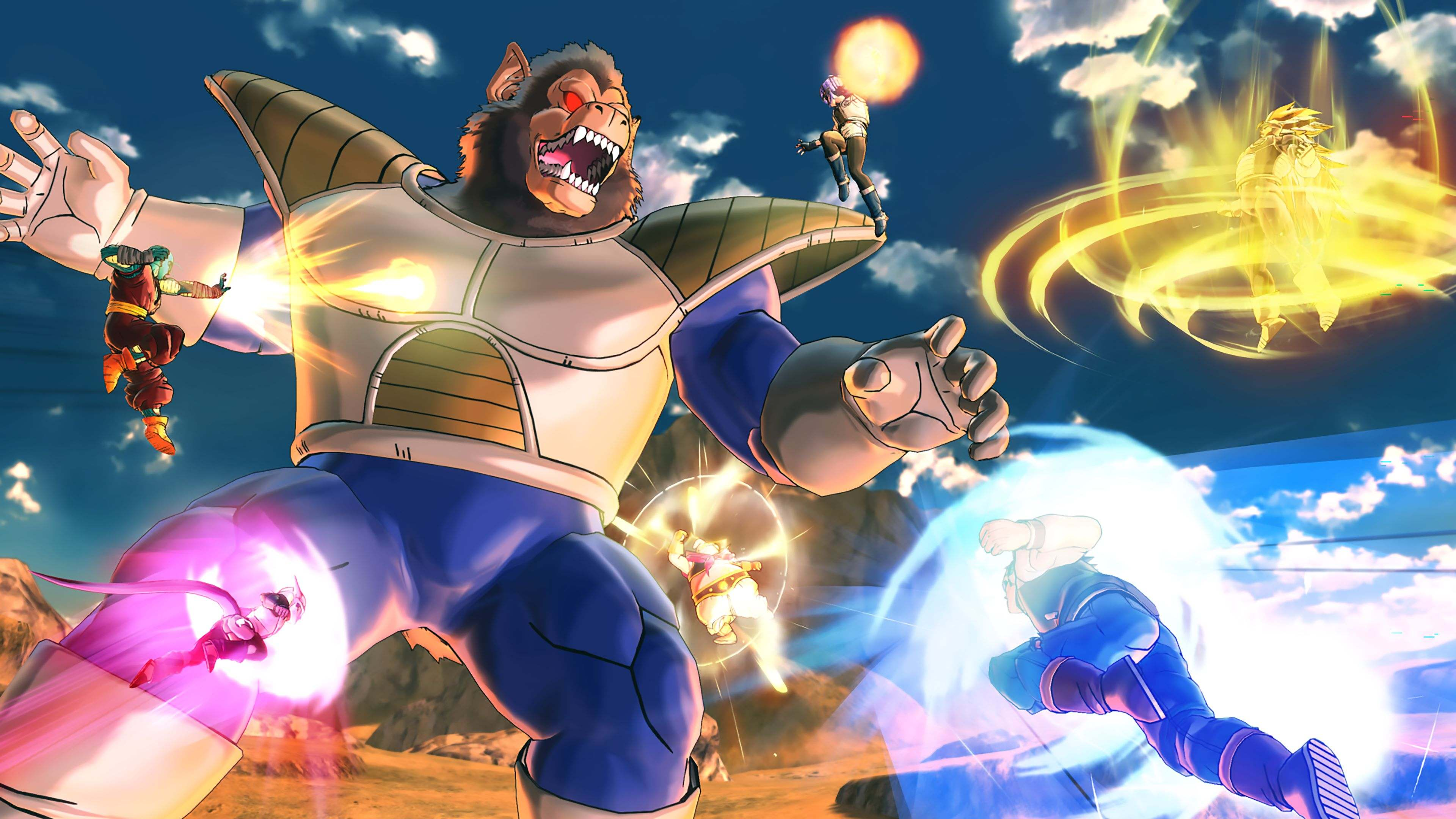 Scène du jeu vidéo Dragon Ball Z. Personnages en action, avec explosions d'énergie et un singe.