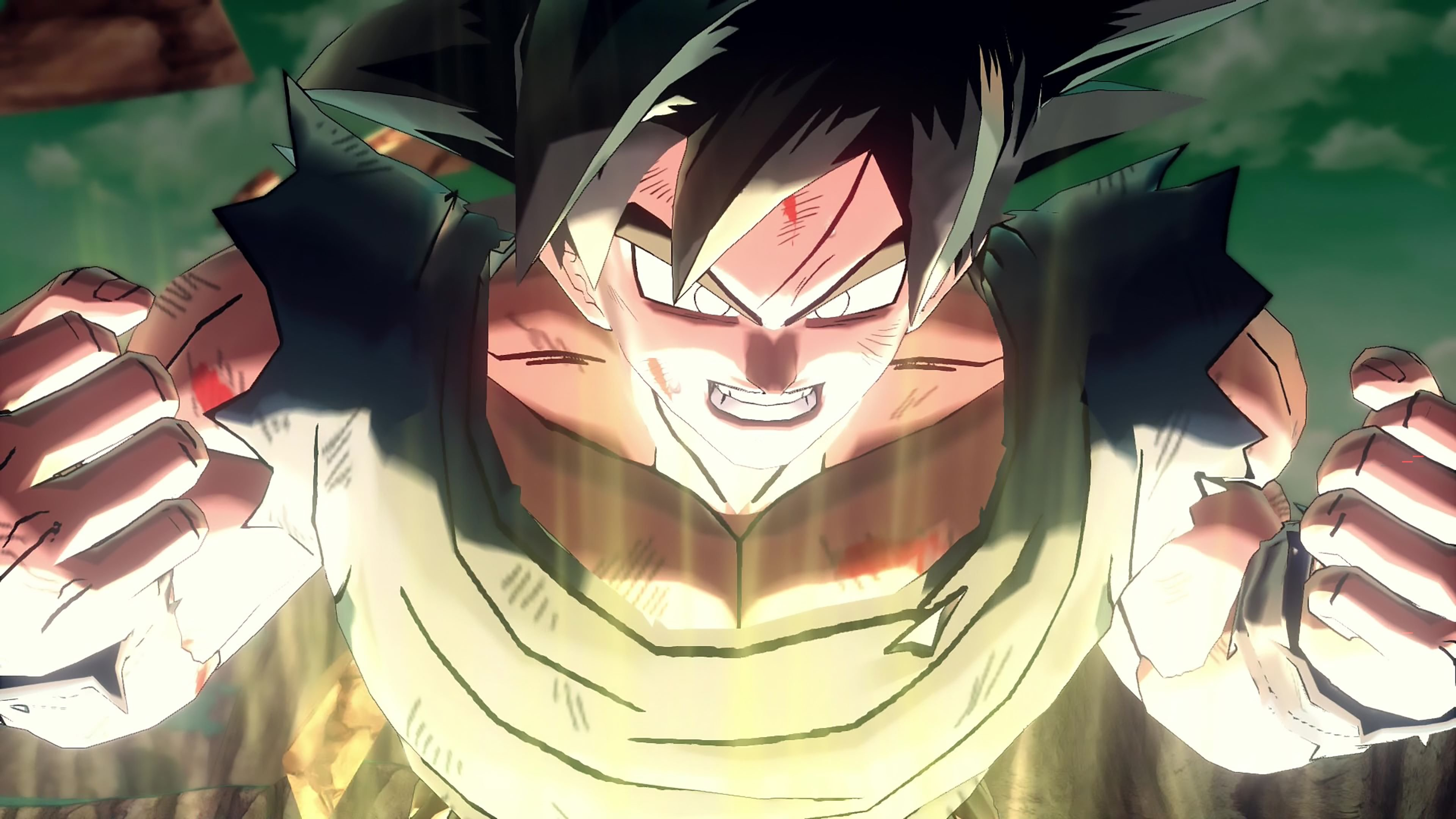 Goku de Dragon Ball Z, gros plan du visage, rayonnant d'énergie, expression intense.