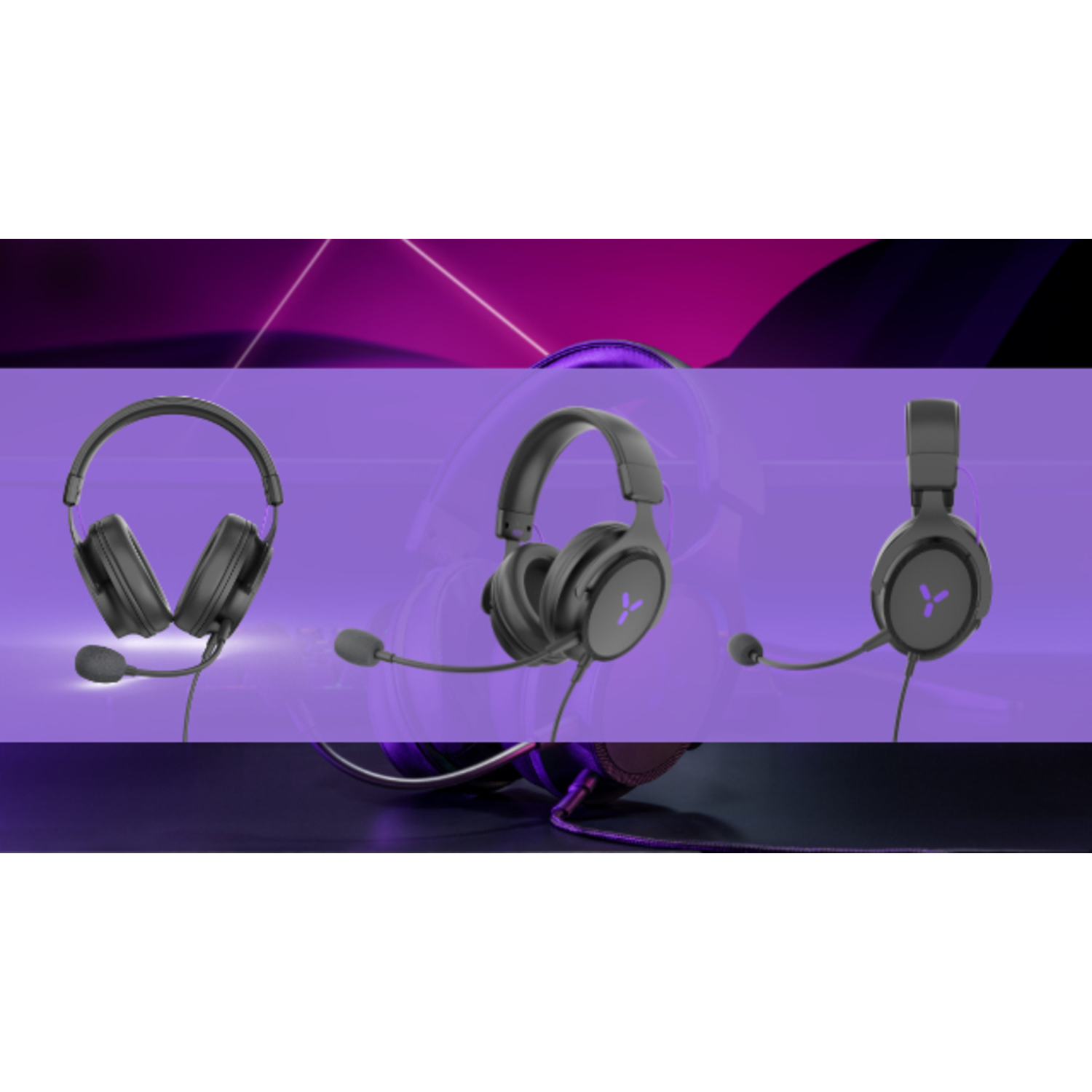 Three pairs of black headphones with microphones, shown against a purple and black background.