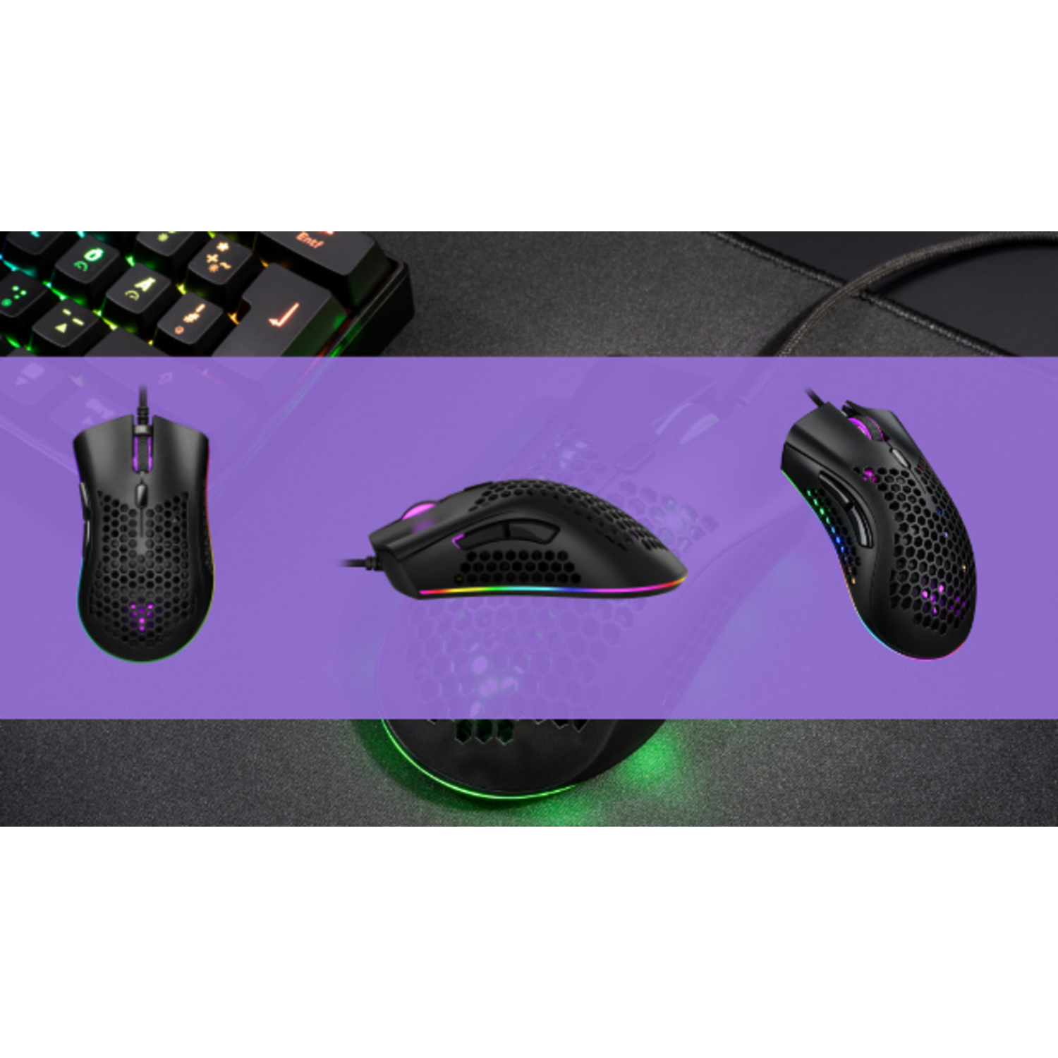 Three black gaming mouses on a purple surface with a keyboard in the background.