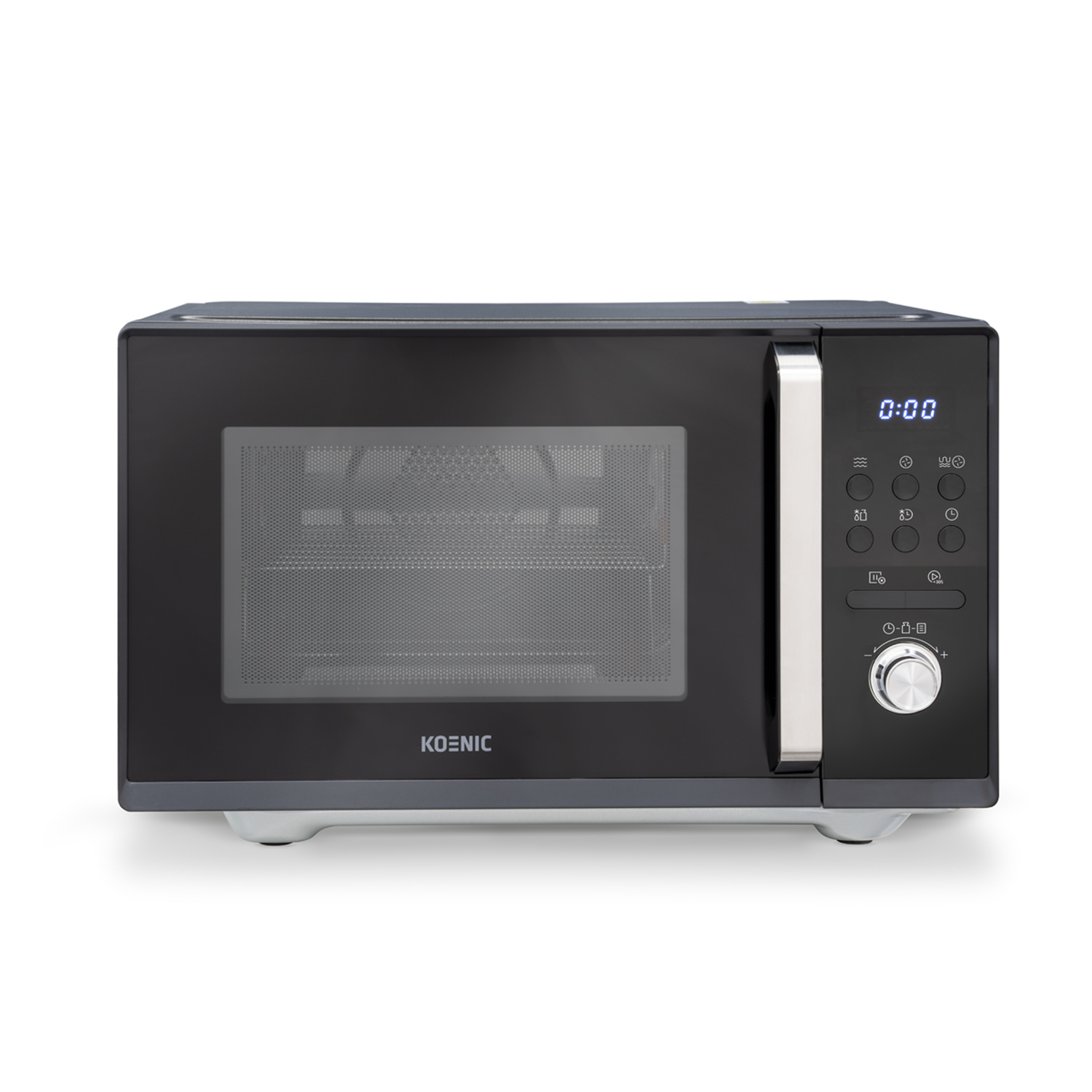Black microwave oven with digital display and control buttons. White background.