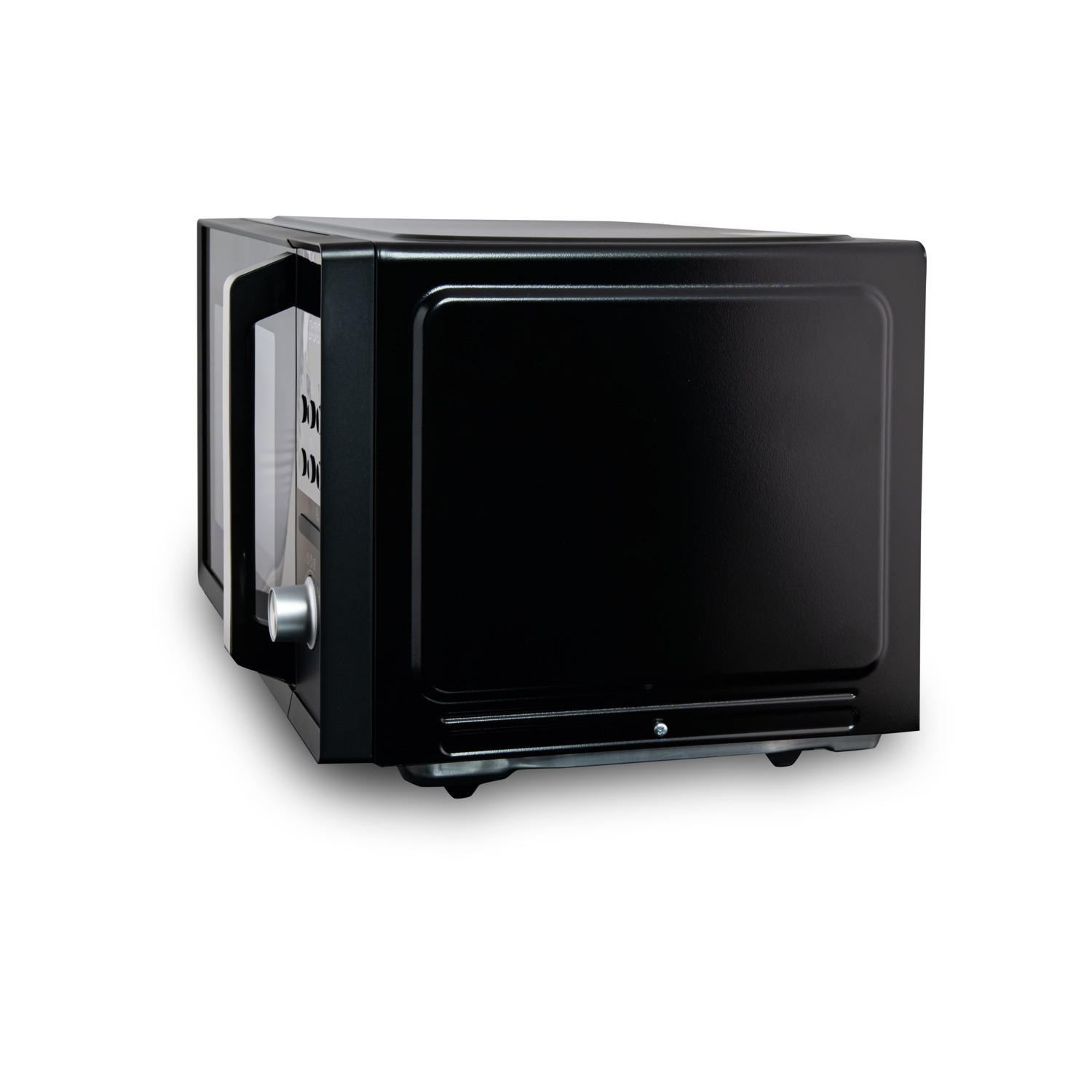 Black microwave oven on white. Door open. Silver handle and control knob visible.