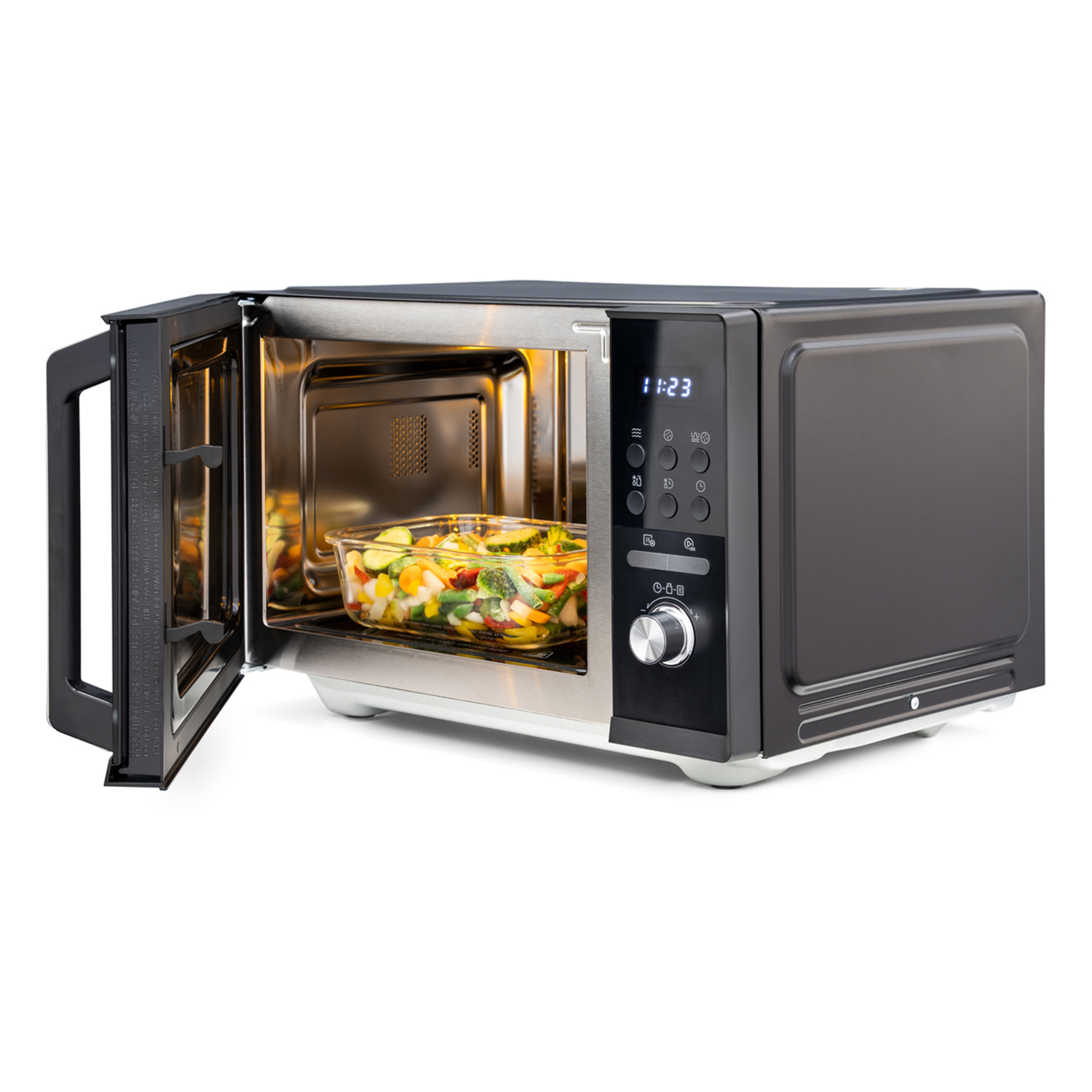 Microwave with door open. Inside a glass dish with vegetables is visible.