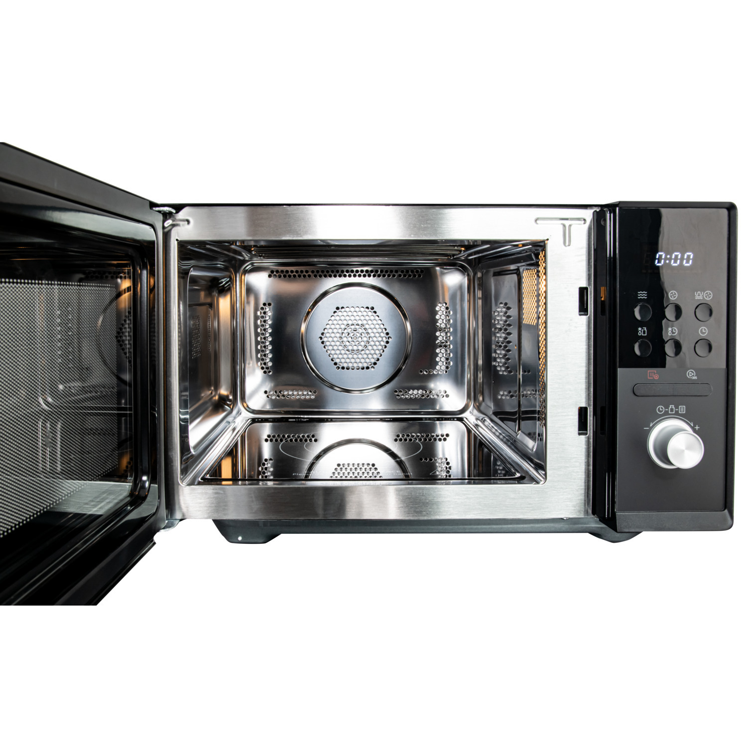 An open microwave oven shows interior details, metallic surfaces, and a digital display.
