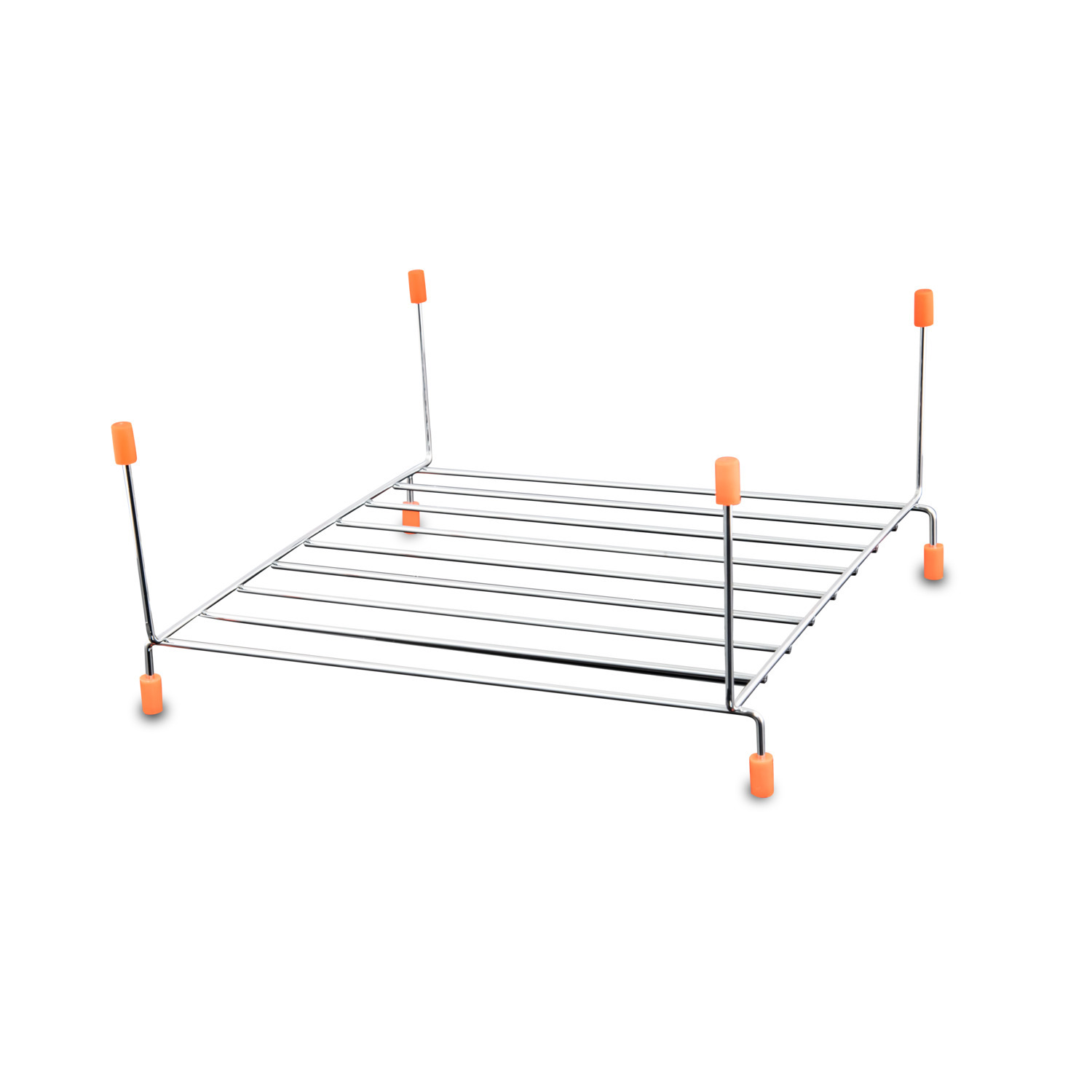 A metal grill stand with orange rubber feet. The stand is on a white background.