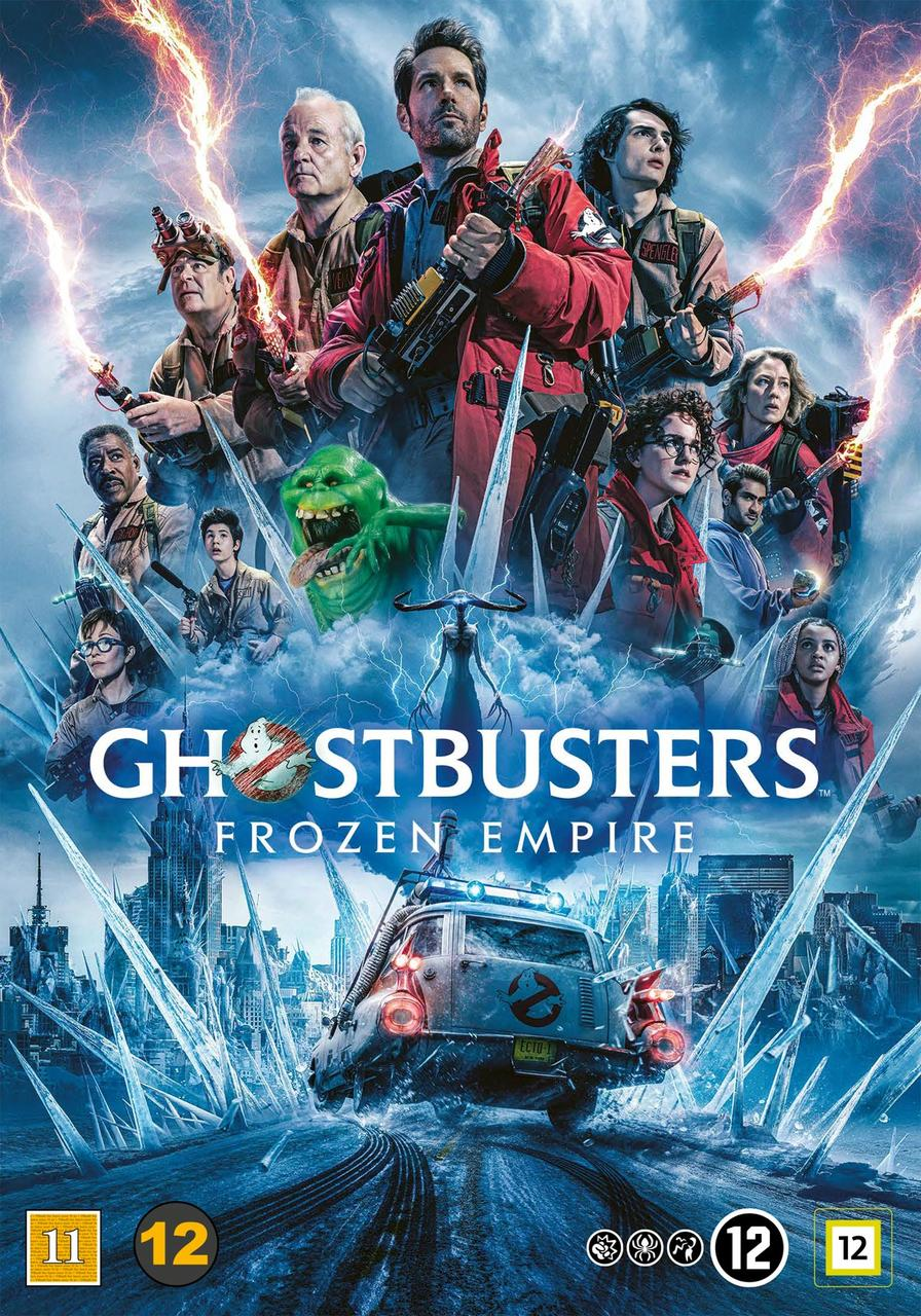 Ghostbusters: Frozen Empire movie poster. Ghostbusters team with a car and ice effects. Blue and white colors.