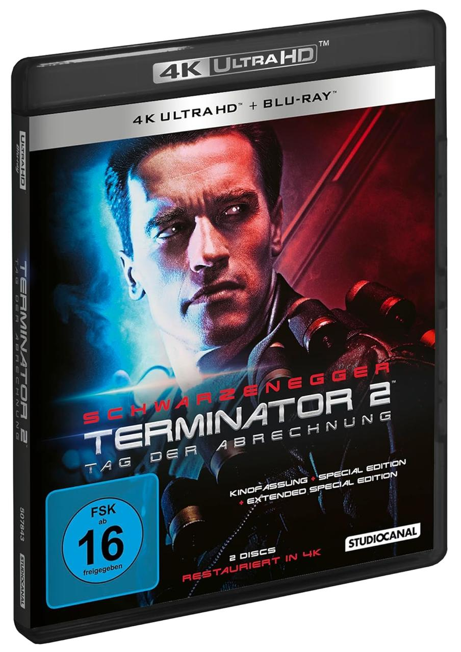 Terminator 2 Blu-ray-Hülle mit Schwarzeneggers Gesicht darauf. Schwarzer Hintergrund.