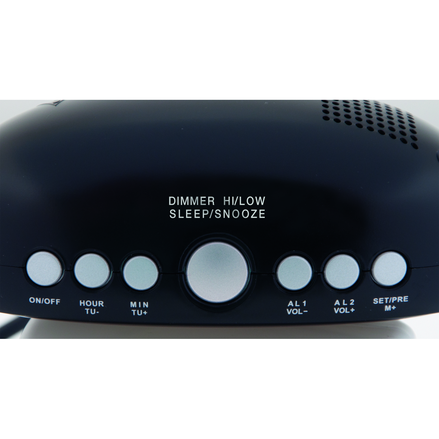 Zwarte wekker met knoppen, met de tekst 'DIMMER HI/LOW SLEEP/SNOOZE'.