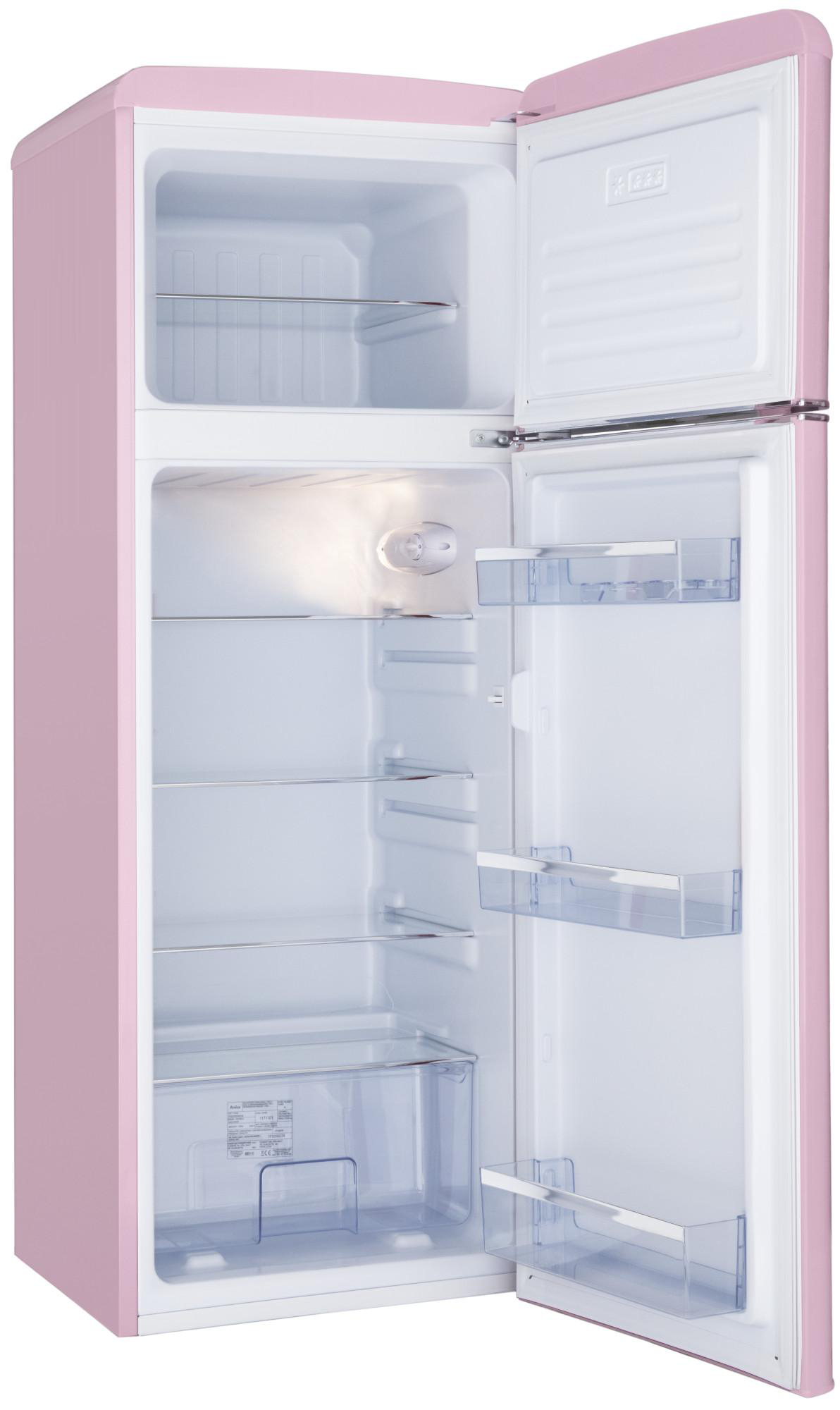 Rosa Retro-Kühlschrank mit geöffneter Tür, zeigt Regale und Fächer.