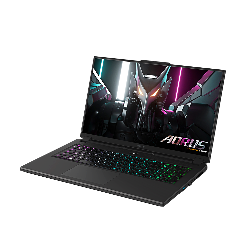 Portátil AORUS negro, teclado con luces arcoíris, pantalla con imagen de robot.