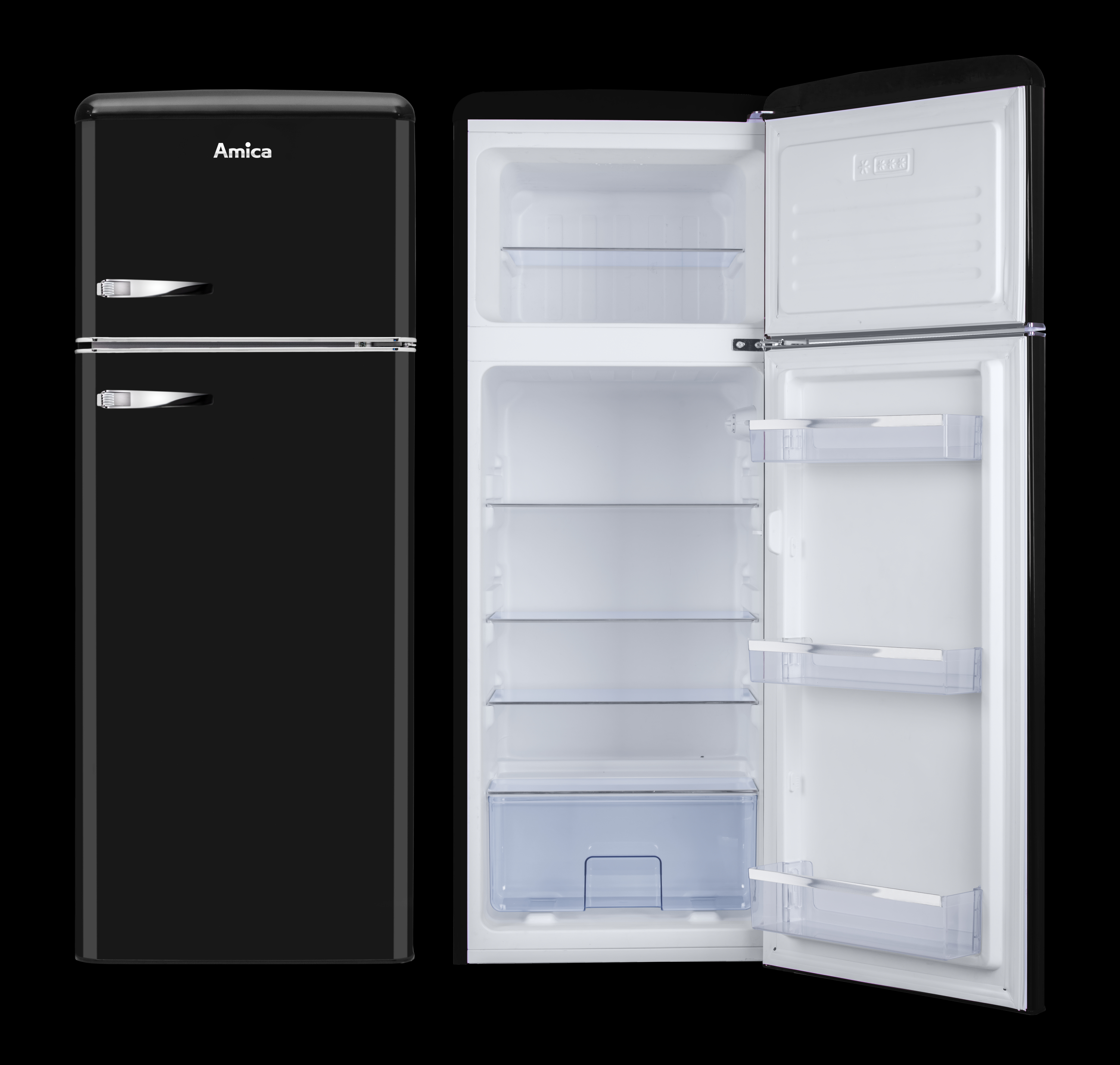 Schwarzer Retro-Kühlschrank mit zwei geöffneten Türen. Innenraum mit Regalen und einer transparenten Schublade, weißer Innenraum.
