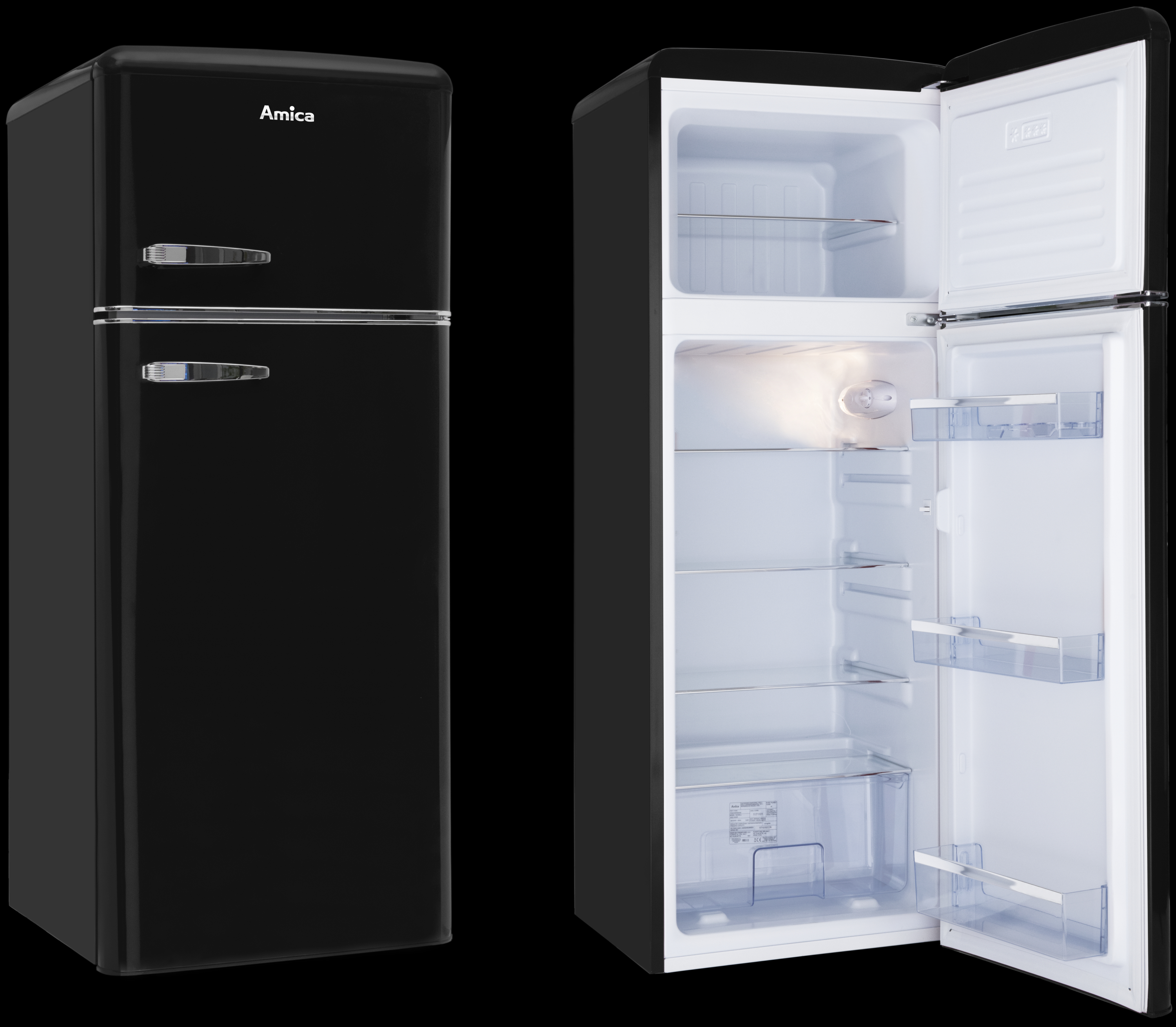 Ein schwarzer Retro-Kühlschrank mit geschlossenen und offenen Türen, Innenansicht.