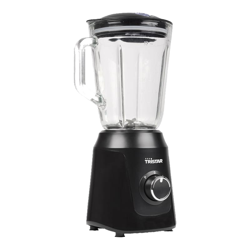 Blender Tristar noir avec un bocal en verre et un couvercle noir. Bouton de commande à l'avant.