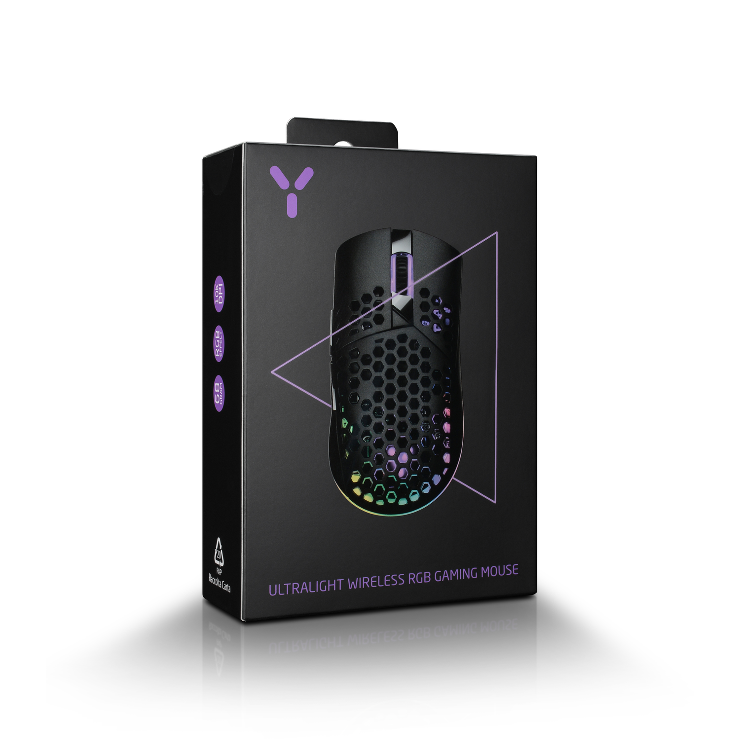 A gaming mouse box, black with a mouse illustration and 'Ultralight Wireless RGB Gaming Mouse' text.