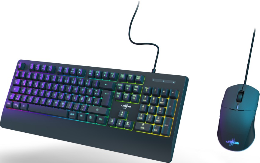 Eine schwarze Tastatur und Maus mit regenbogenfarbigen Lichtern. Beide sind mit schwarzen Kabeln verbunden. Die Tastatur hat Buchstaben und Zahlen.