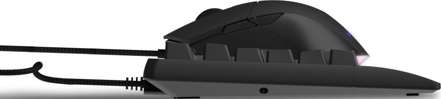 Eine schwarze Gaming-Maus liegt auf einer schwarzen Tastatur. Die Maus hat Tasten und ein Scrollrad, verbunden durch ein geflochtenes Kabel.
