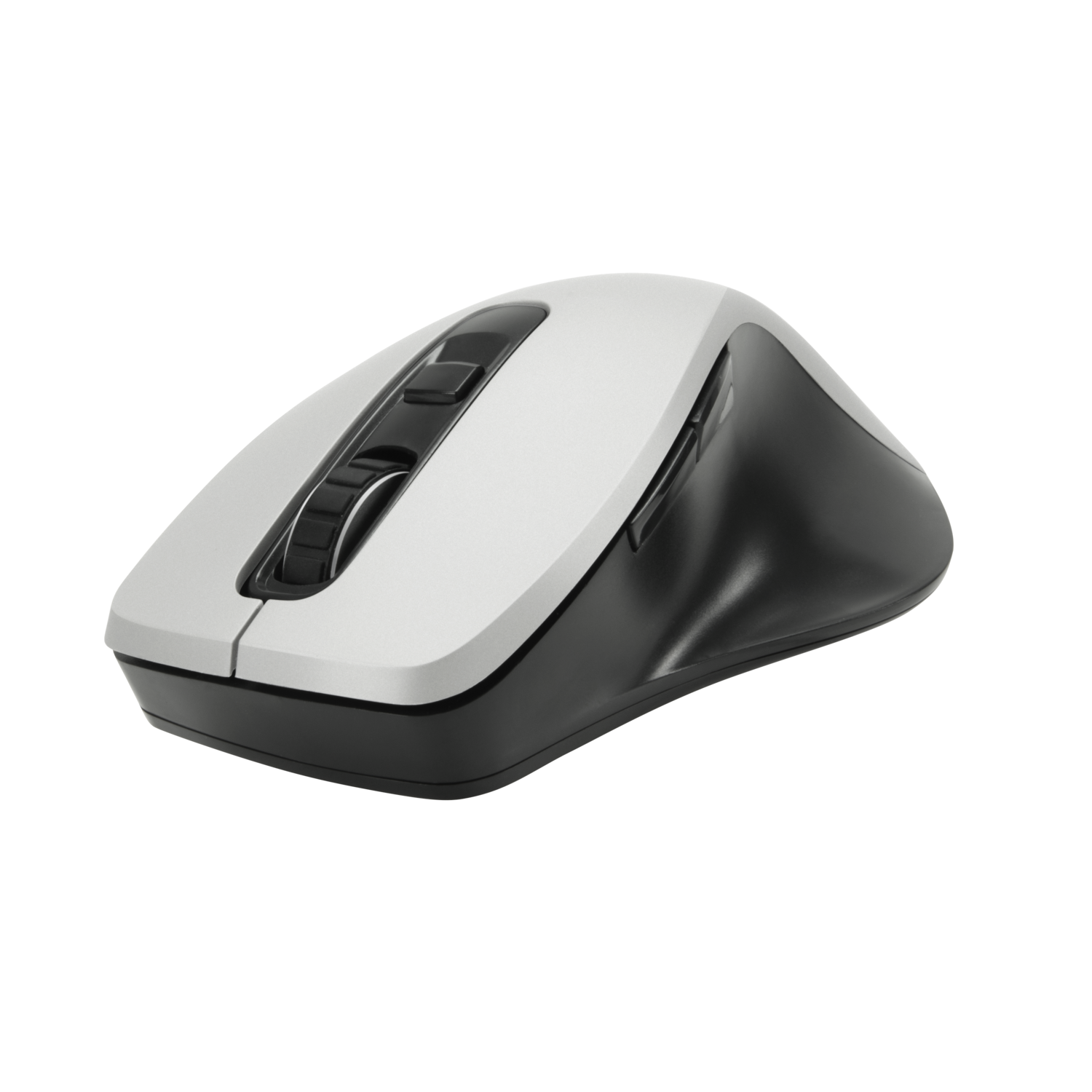 A white and black wireless mouse with black buttons and scroll wheel on black ground.