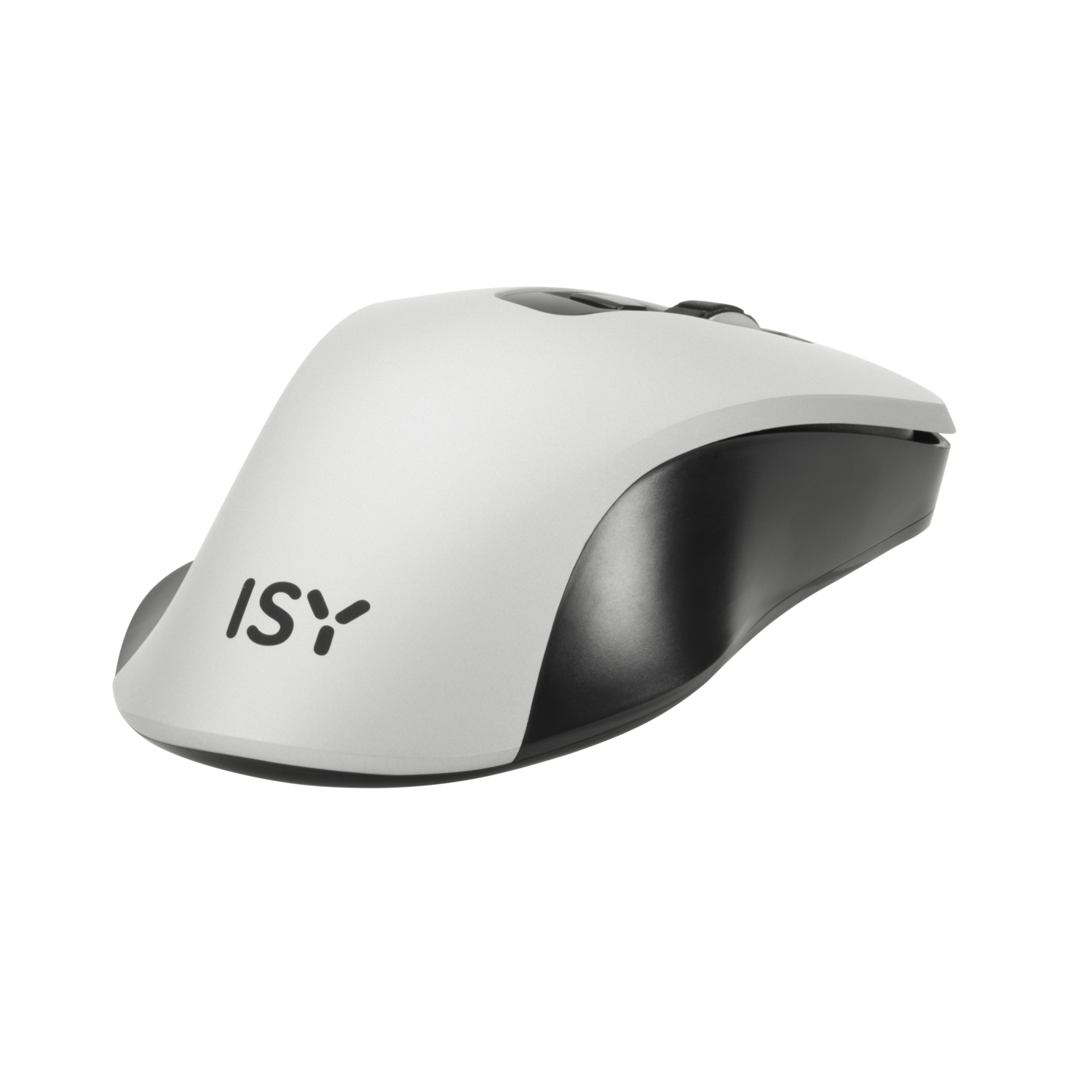 White and black computer mouse, top-down view, black background. ISY logo visible.