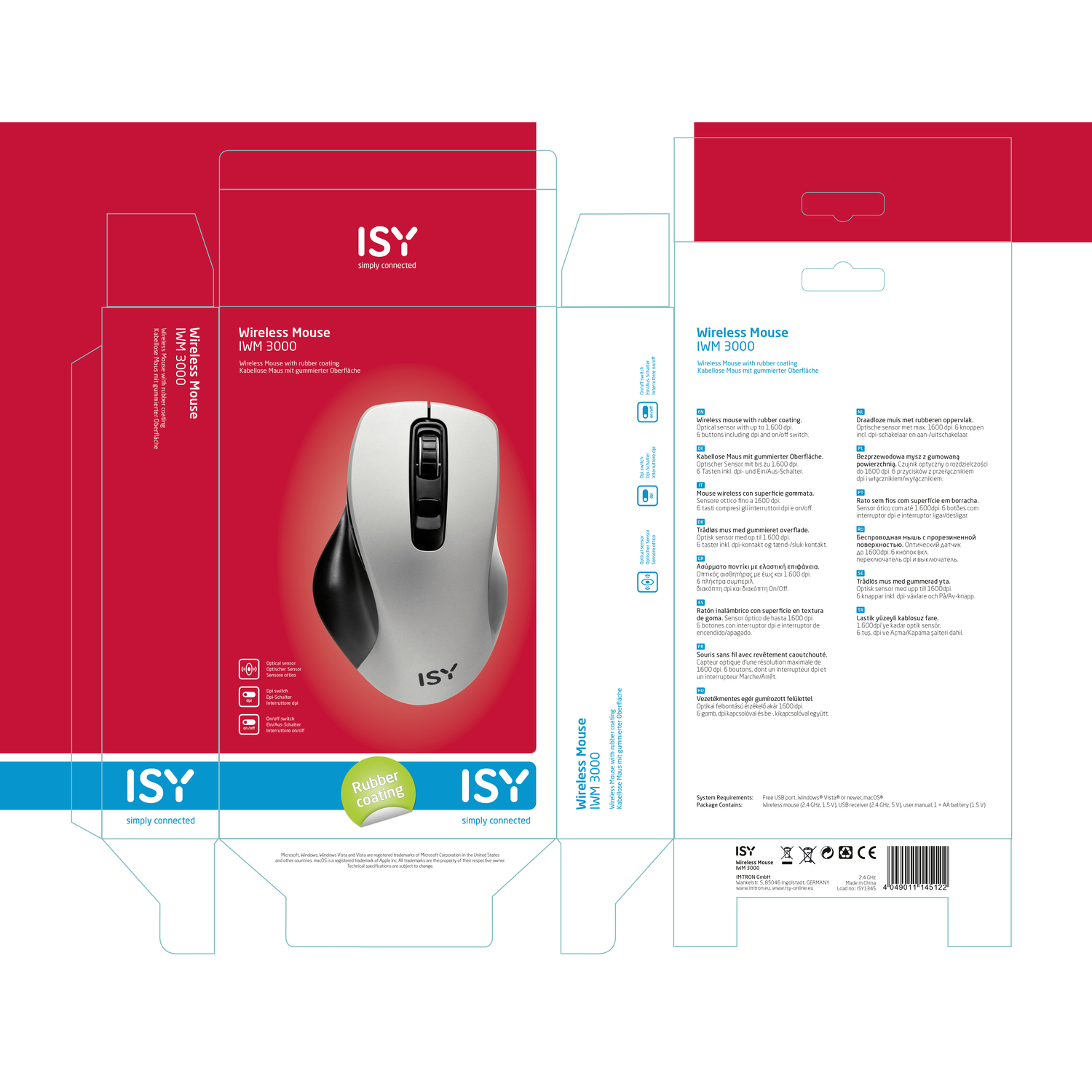 Mouse packaging with text about the product and its specifications, and a mouse inside.