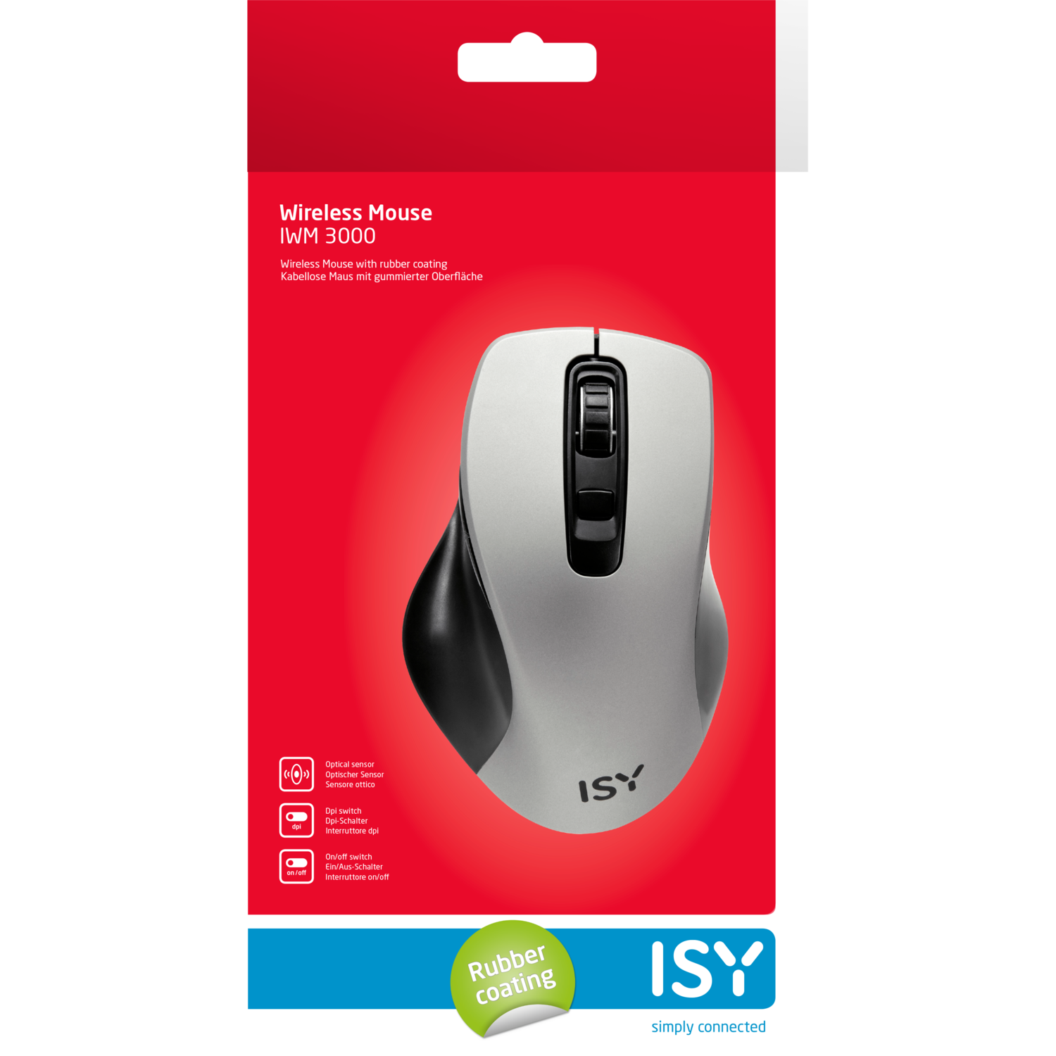 White and gray wireless mouse in its packaging. The box has text and the ISY logo.