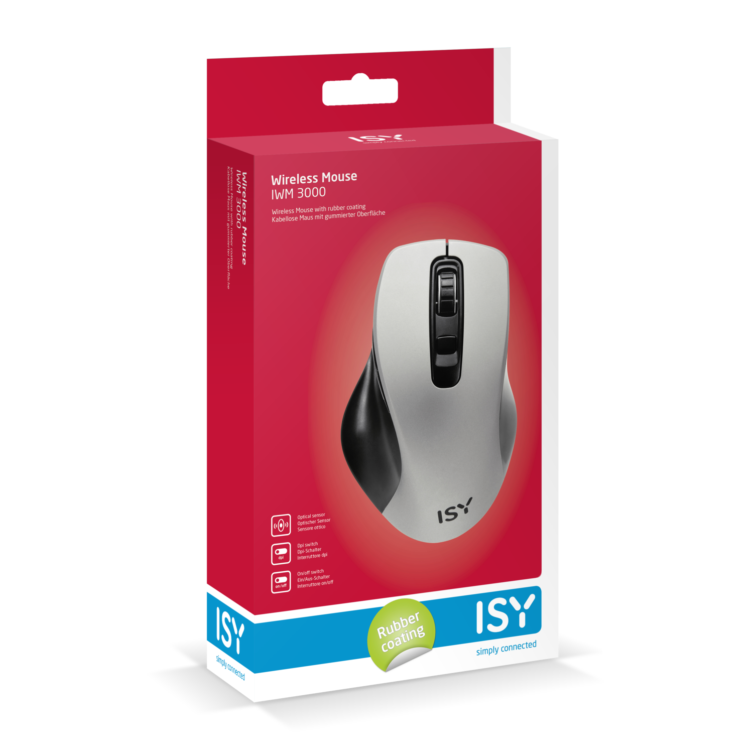 Wireless mouse in a red box. It's grey and black with the name 'ISY' on it.