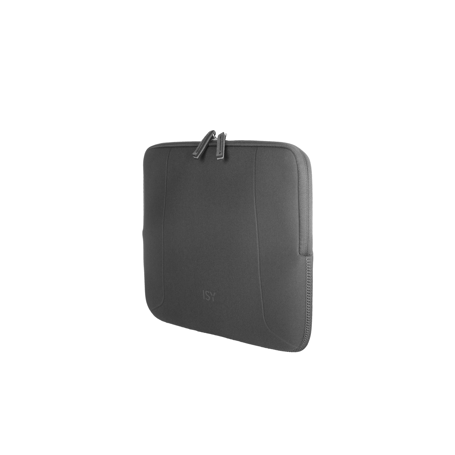 A gray laptop sleeve with two zippers. It is on a white background. The ISY logo is visible.