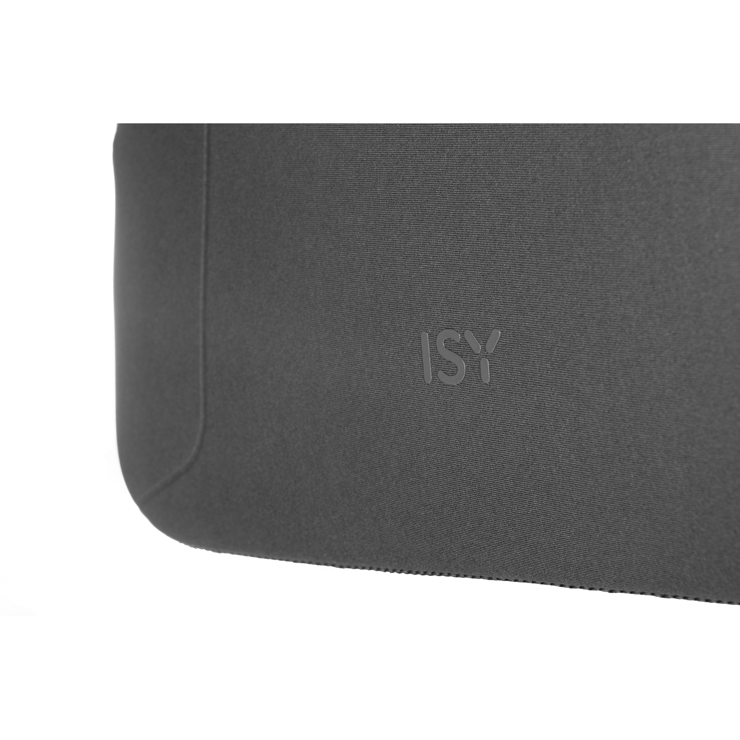 Close-up of a dark gray ISY laptop sleeve.