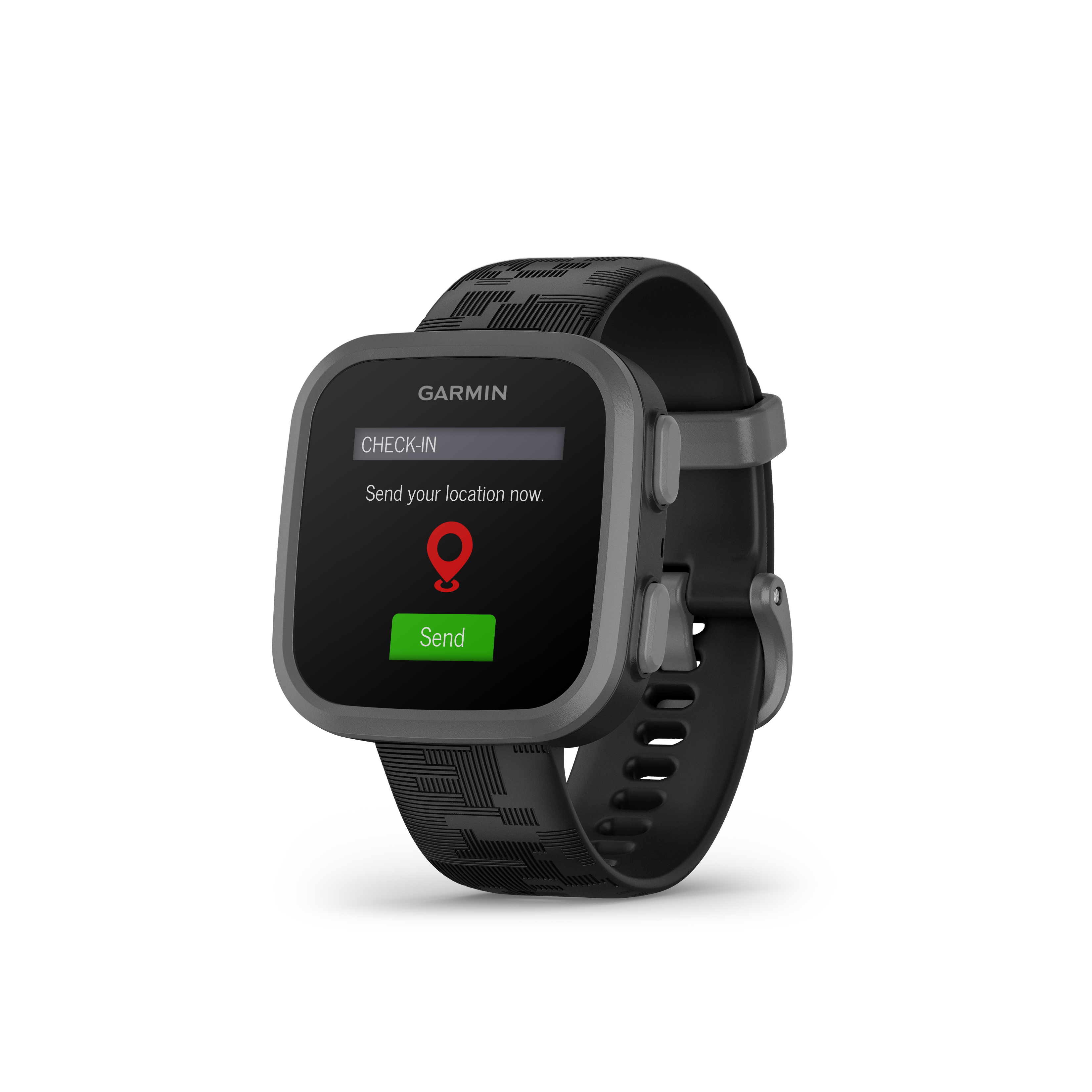 Garmin Smartwatch mit schwarzem Armband, zeigt Check-in-Standort an.