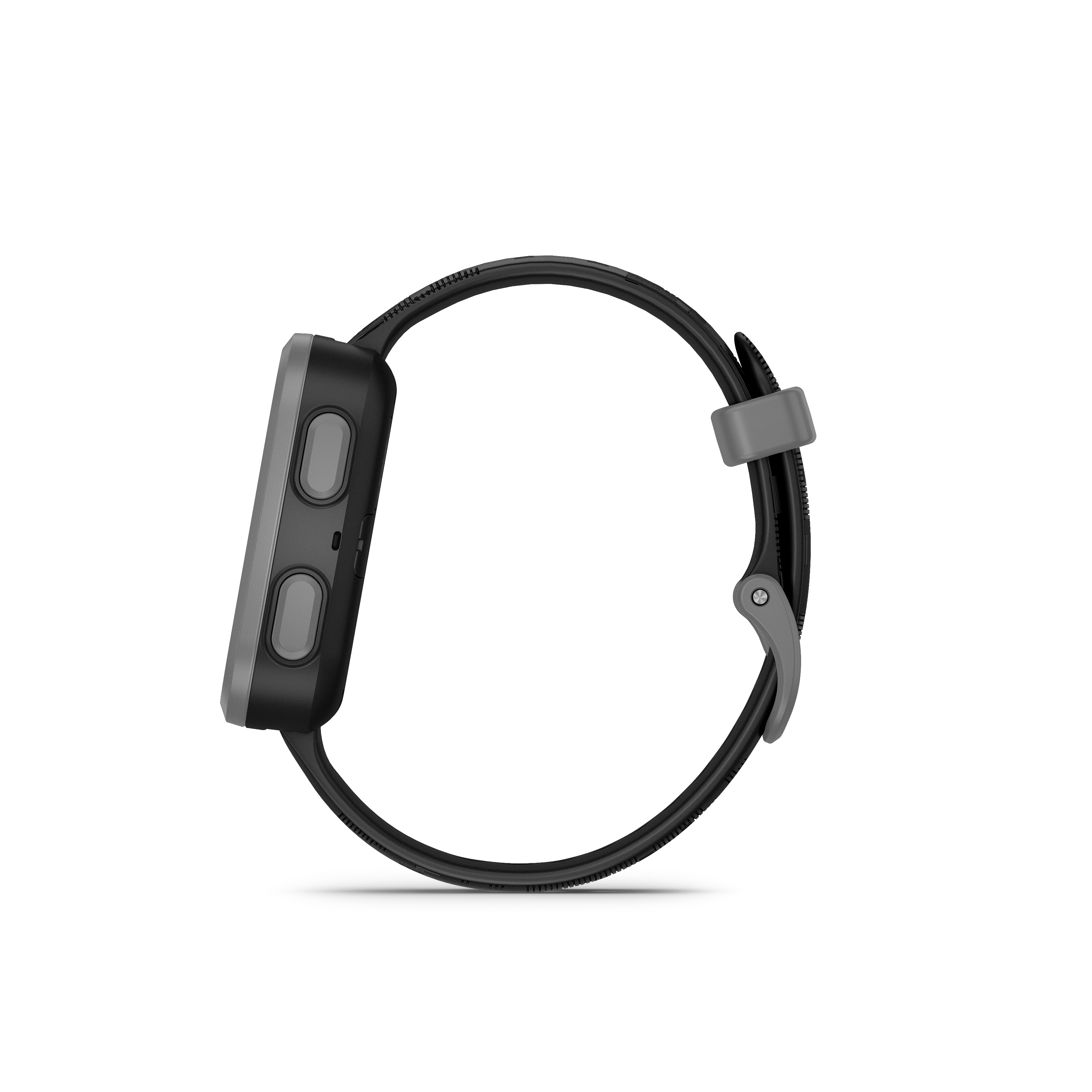 Schwarze Smartwatch mit schwarzem Armband, Seitenansicht, weißer Hintergrund.