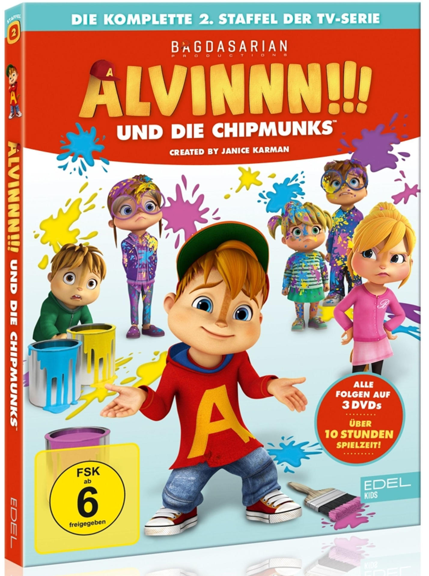 DVD-Cover mit Chipmunks-Charakteren, Farbe und Text. Der Hintergrund ist rot.