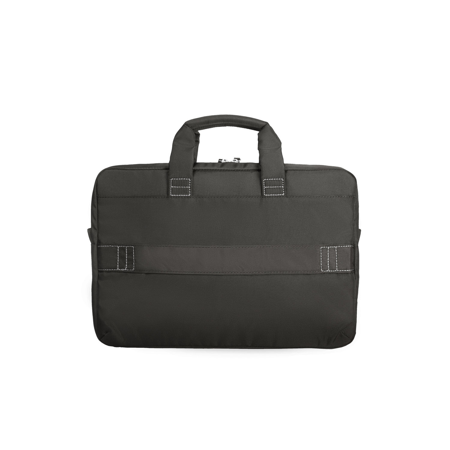 Zwarte laptoptas met een handvat en witte stikseldetails. Rechthoekige vorm.