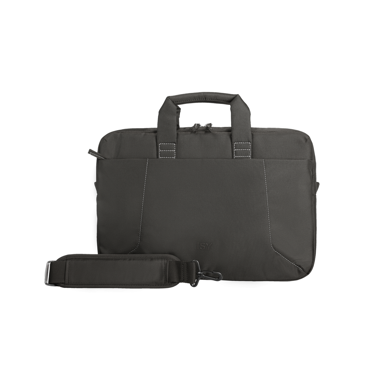 Een zwarte laptoptas met een schouderriem. De tas heeft witte stiksels en een handvat aan de bovenkant.