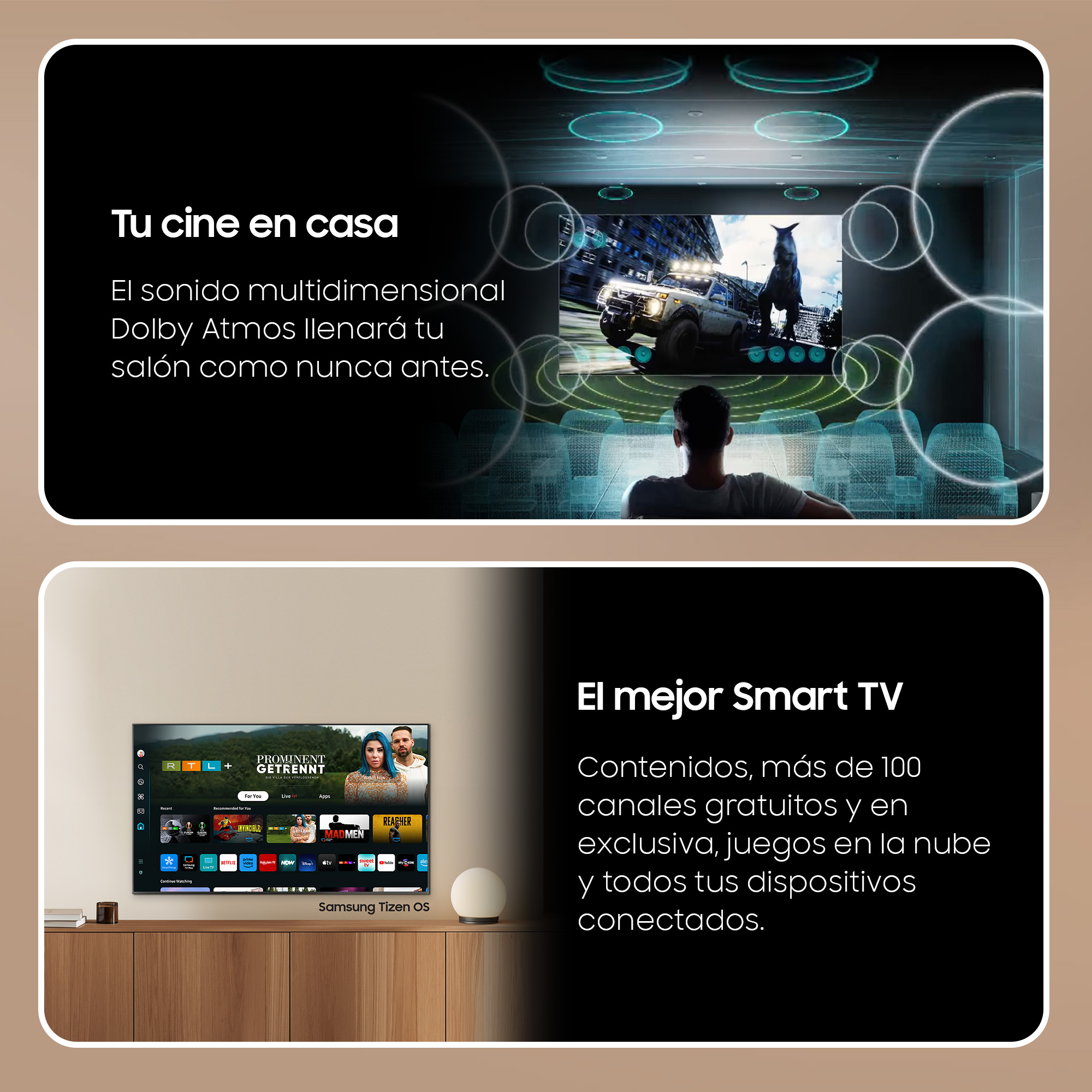 Dos imágenes con texto. Un televisor con un juego y una persona mirando.
