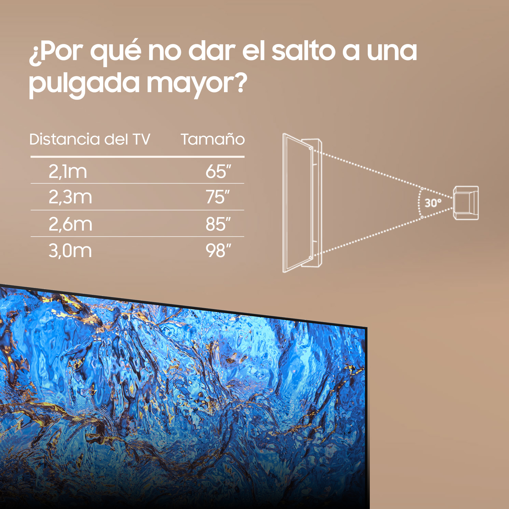 Gráfico con TV y tabla de distancia y tamaño de pantalla.